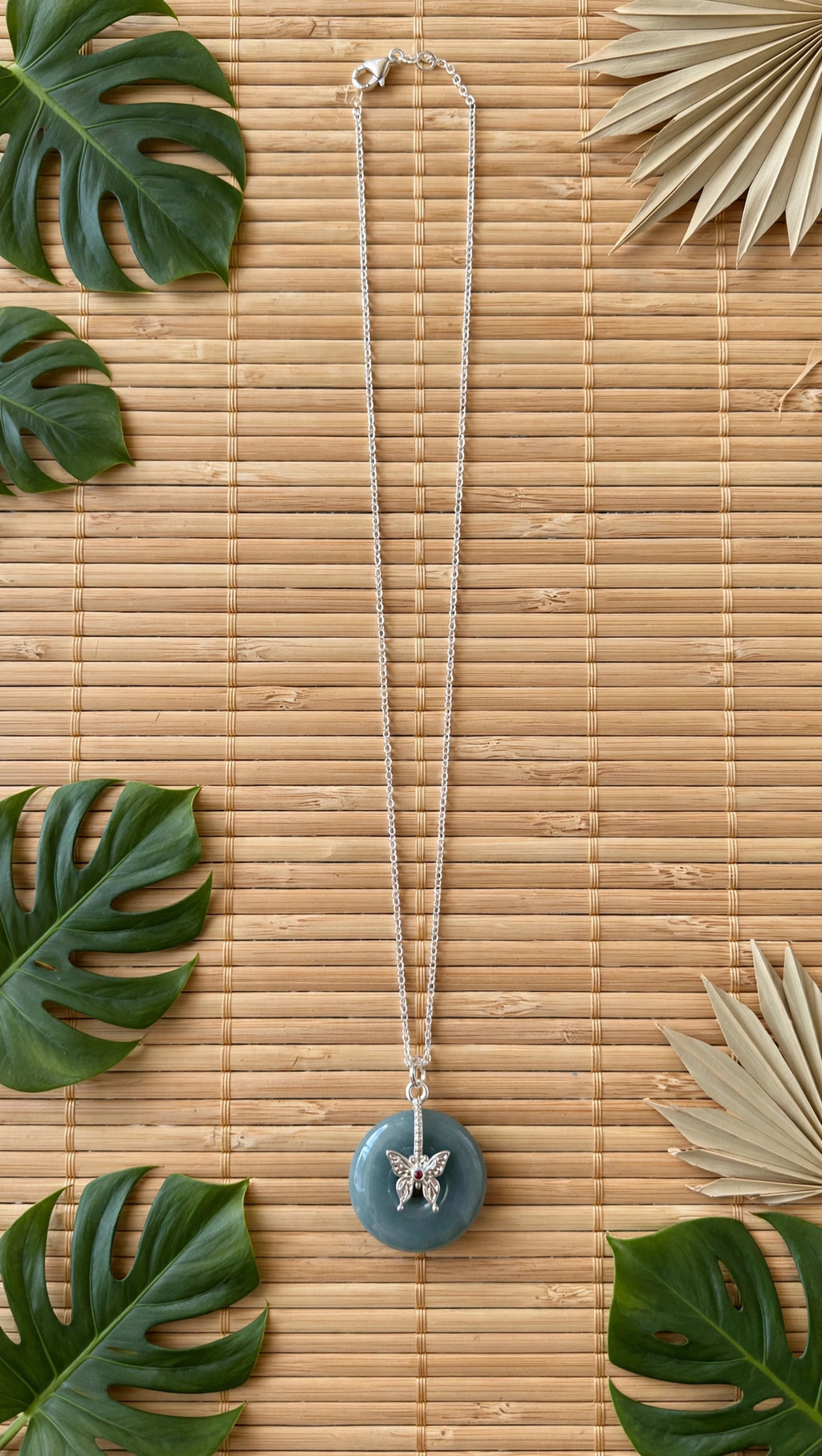 Whimsical Harmony: Natural Blue Water Jadeite Donut Butterfly Necklace
