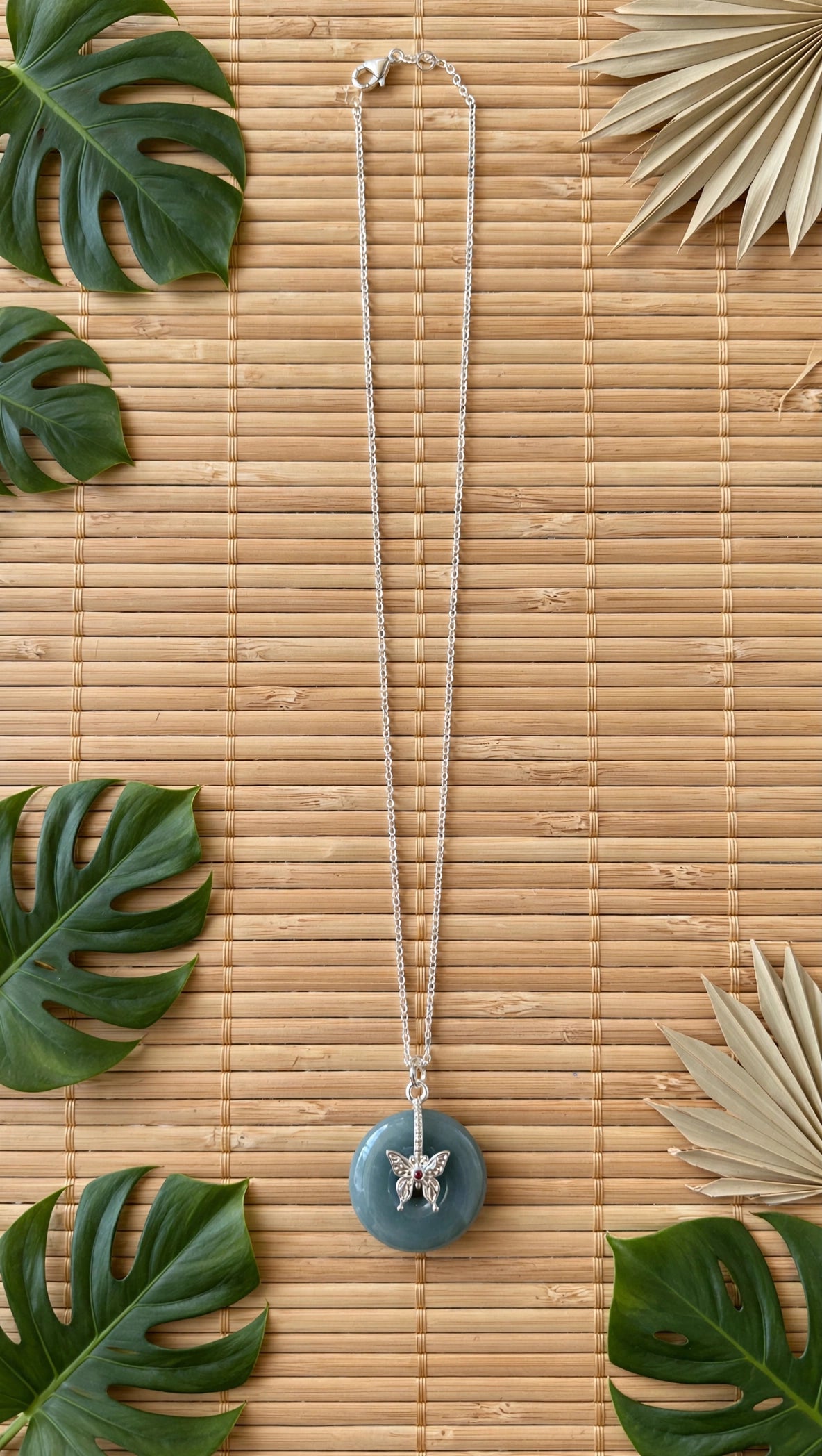 Whimsical Harmony: Natural Blue Water Jadeite Donut Butterfly Necklace