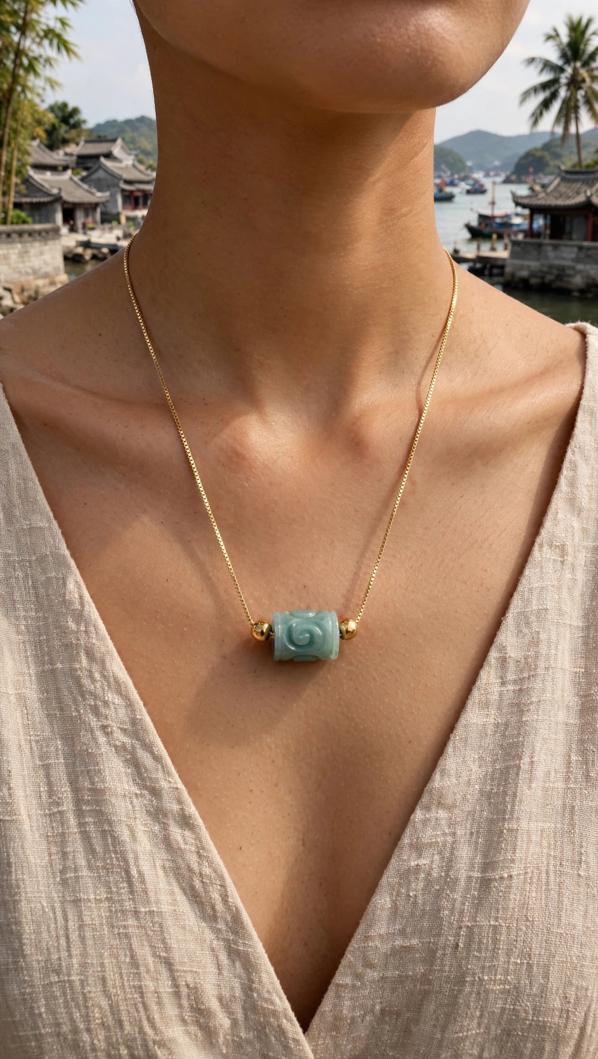Serene Current: Natural Blue Water Jade Lu Lu Tong Slider Necklace