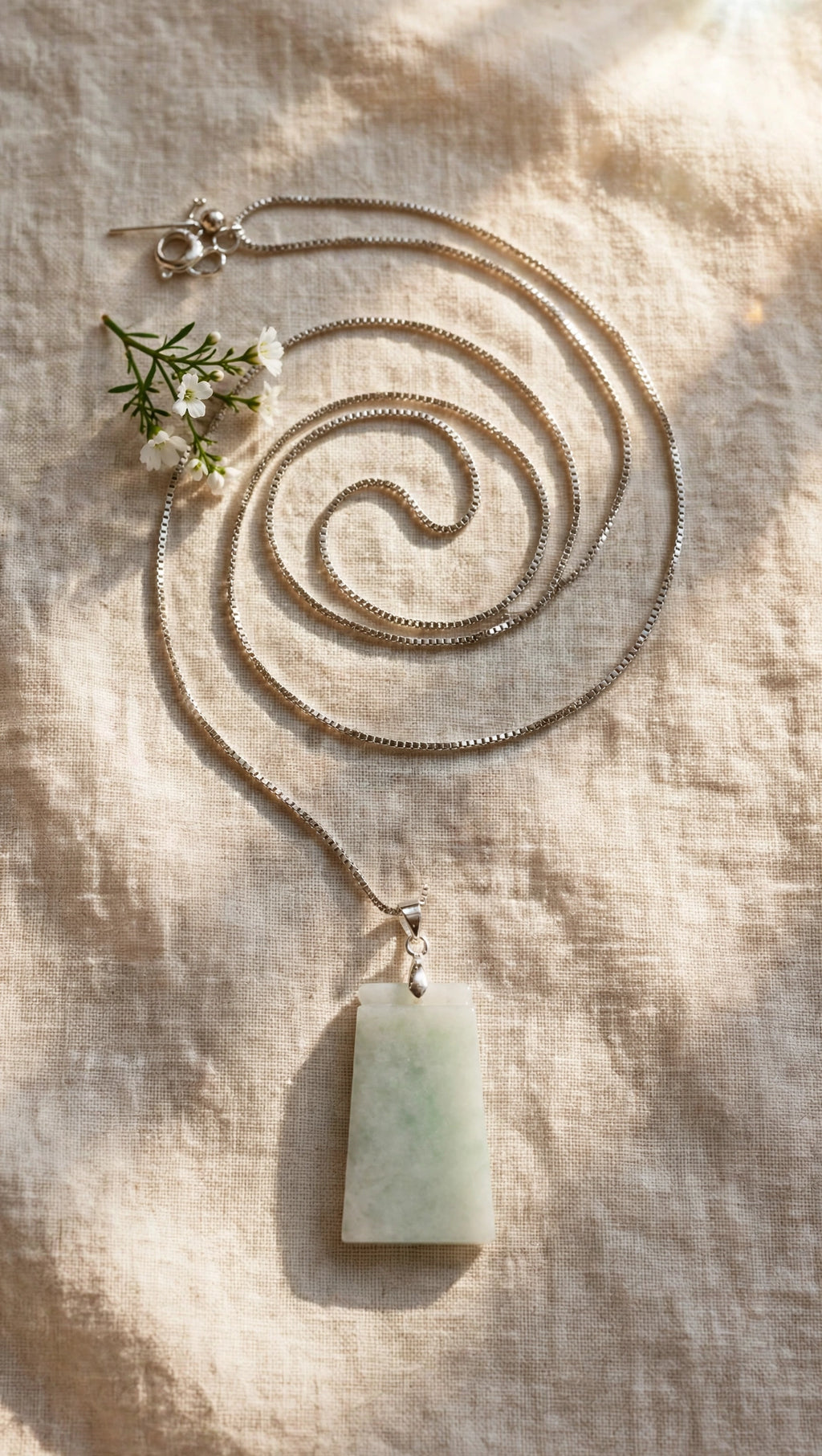 Pure Serenity: Natural Burmese Jadeite "Wu Shi Pai" Silver-Plated Necklace