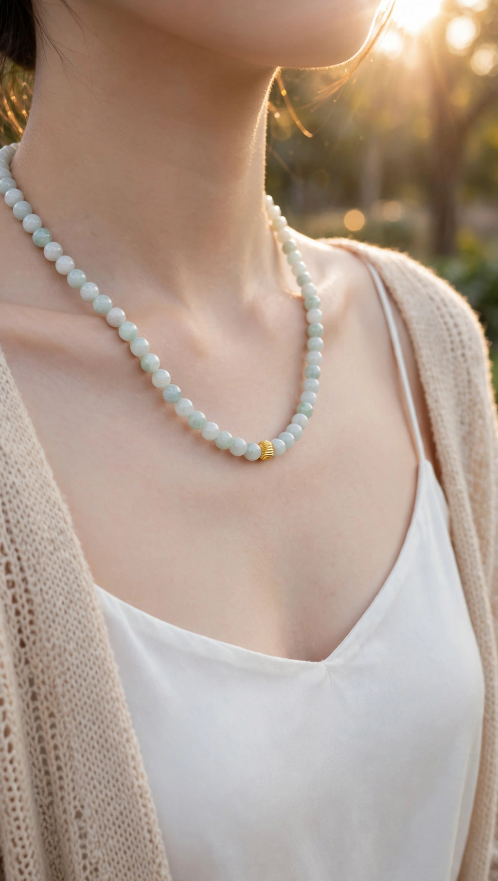 Burmese Jadeite Continuous Necklace with 18K Gold Filled Bead