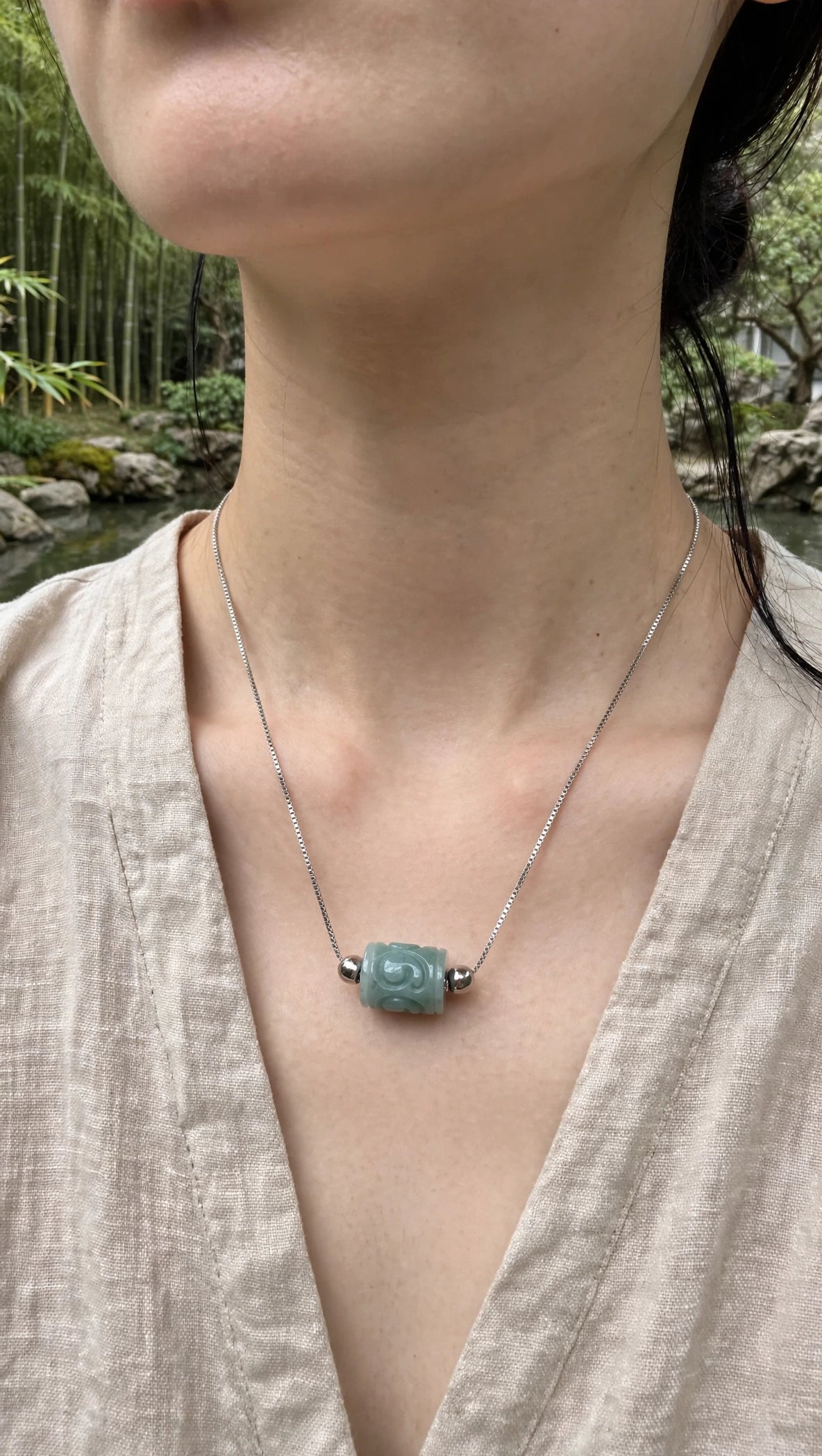 Serene Current: Natural Blue Water Jade Lu Lu Tong Slider Necklace