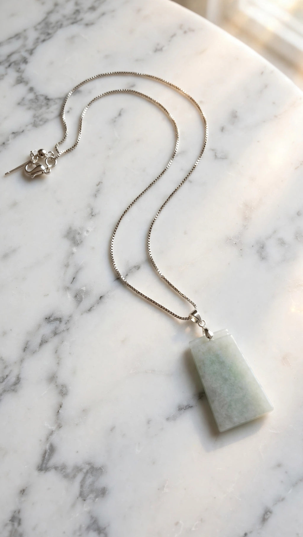 Pure Serenity: Natural Burmese Jadeite "Wu Shi Pai" Silver-Plated Necklace