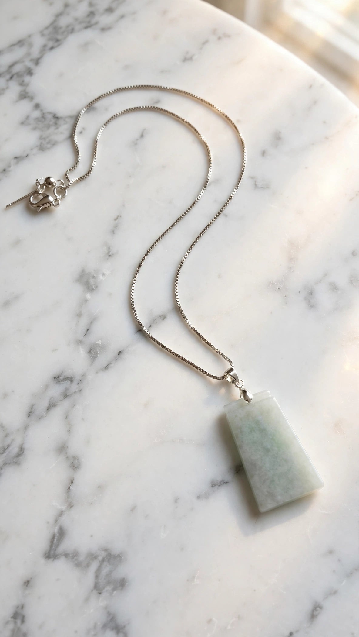 Pure Serenity: Natural Burmese Jadeite "Wu Shi Pai" Silver-Plated Necklace