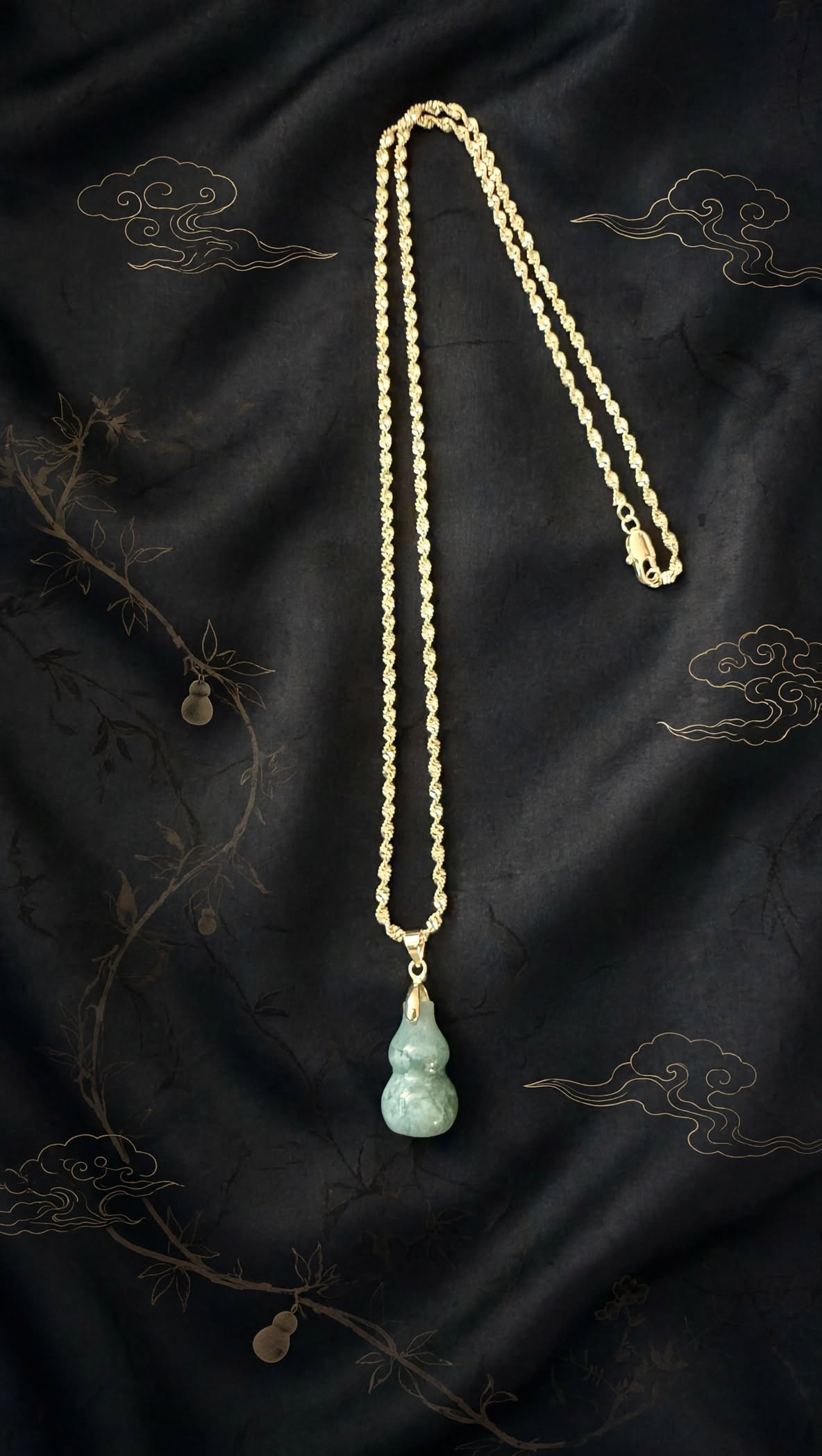 Natural Blue Water Jadeite "Hulu" Gold-Filled Rope Necklace