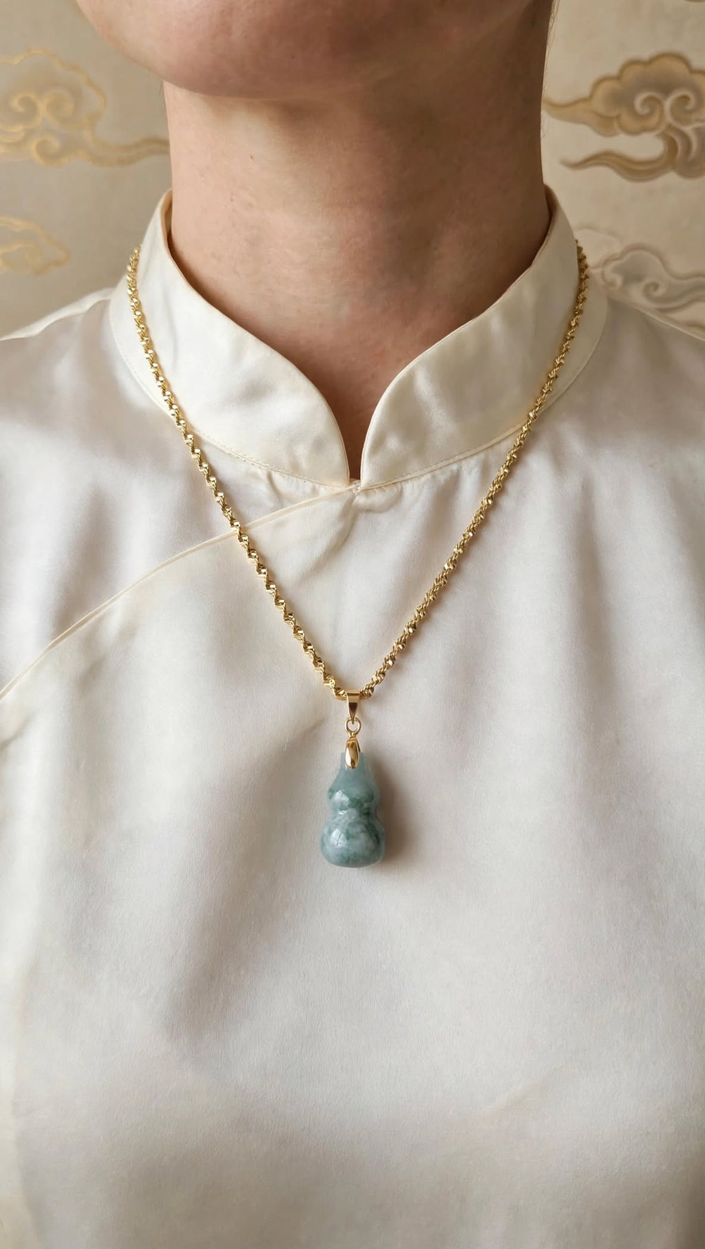 Natural Blue Water Jadeite "Hulu" Gold-Filled Rope Necklace