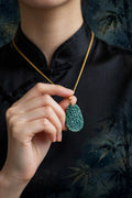 Oval Blue Water Jade Floral Carved Pendant Necklace