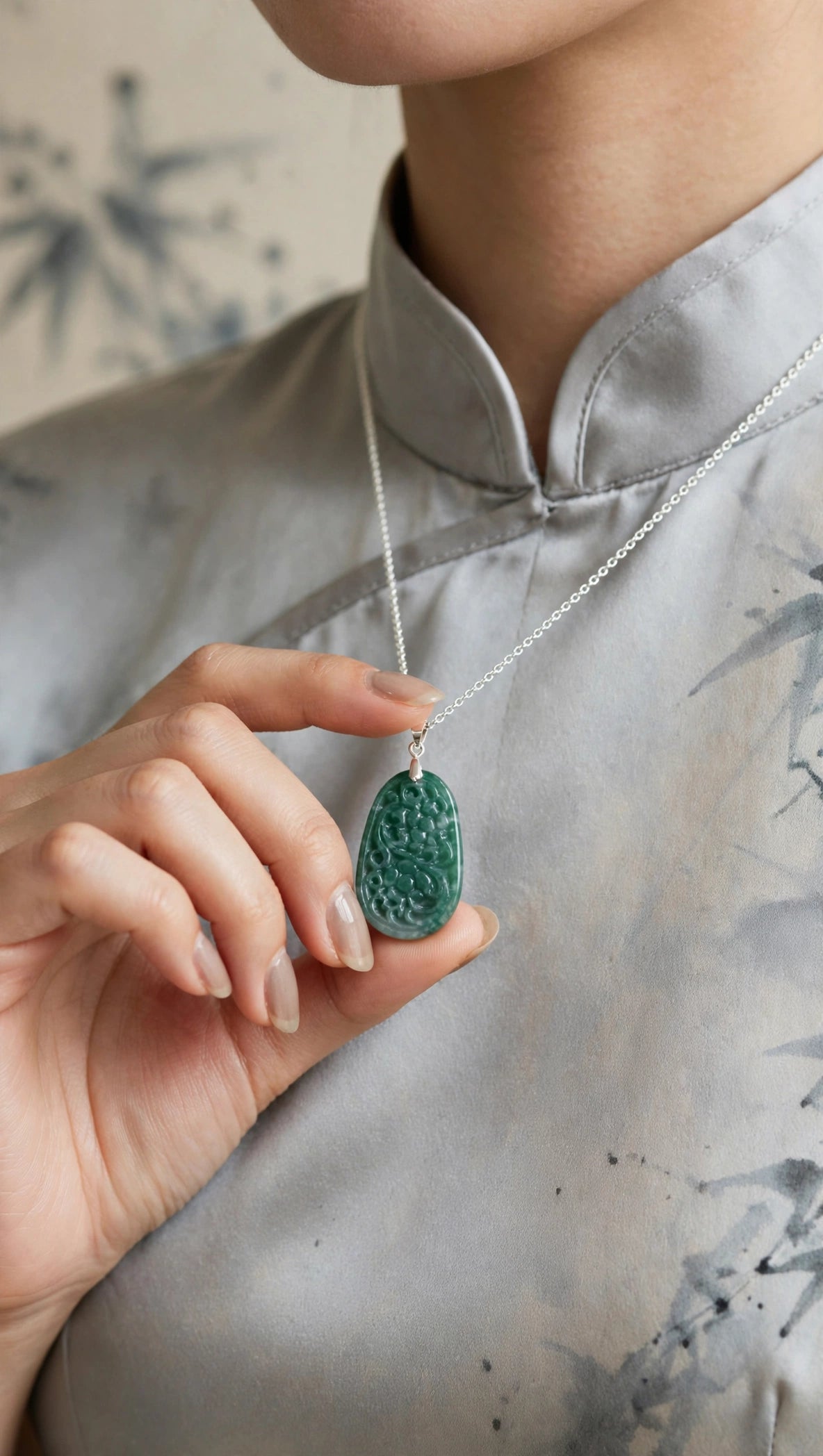 Oval Blue Water Jade Floral Carved Pendant Necklace
