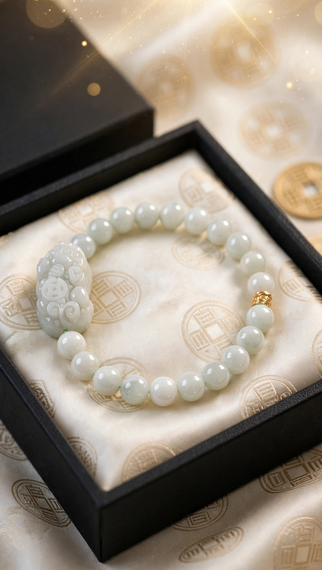 Burmese Jadeite & Pixiu Bracelet with 18K Gold Filled Bead