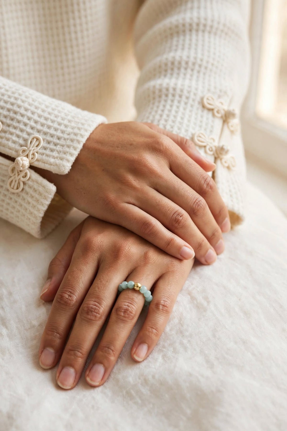 Natural Blue Water Jade Minimalist Beaded Ring