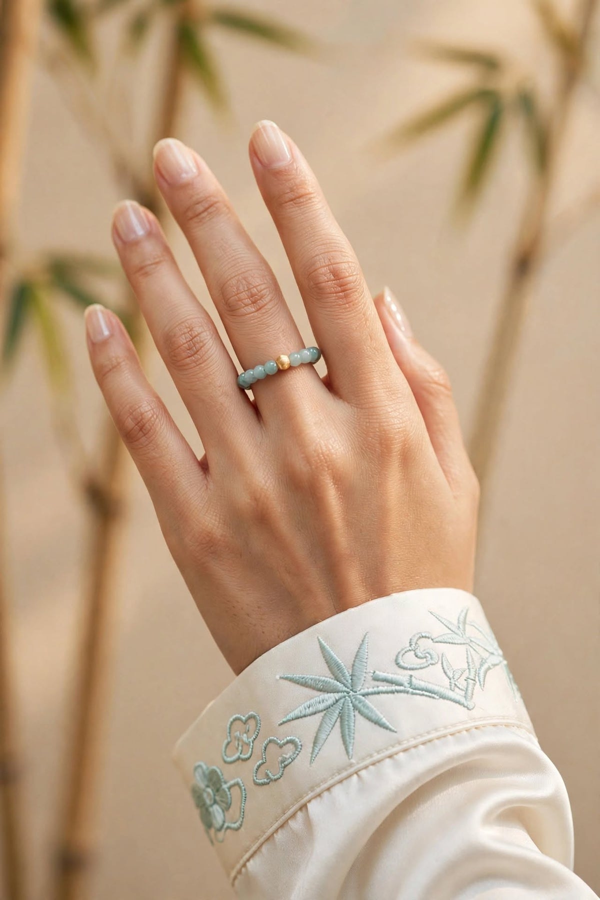 Natural Blue Water Jade Minimalist Beaded Ring