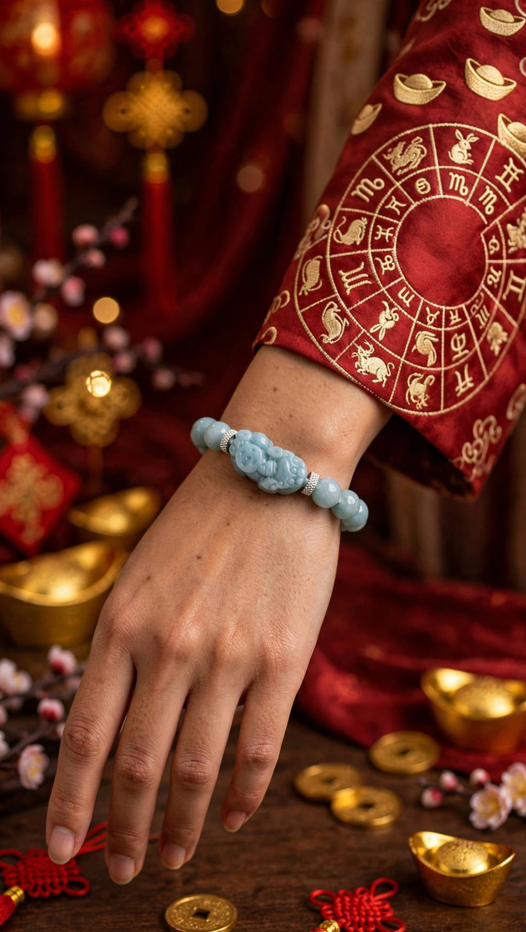 Guardian of Wealth: Natural Blue Water Jade 10 mm Bracelet with Carved Pixiu