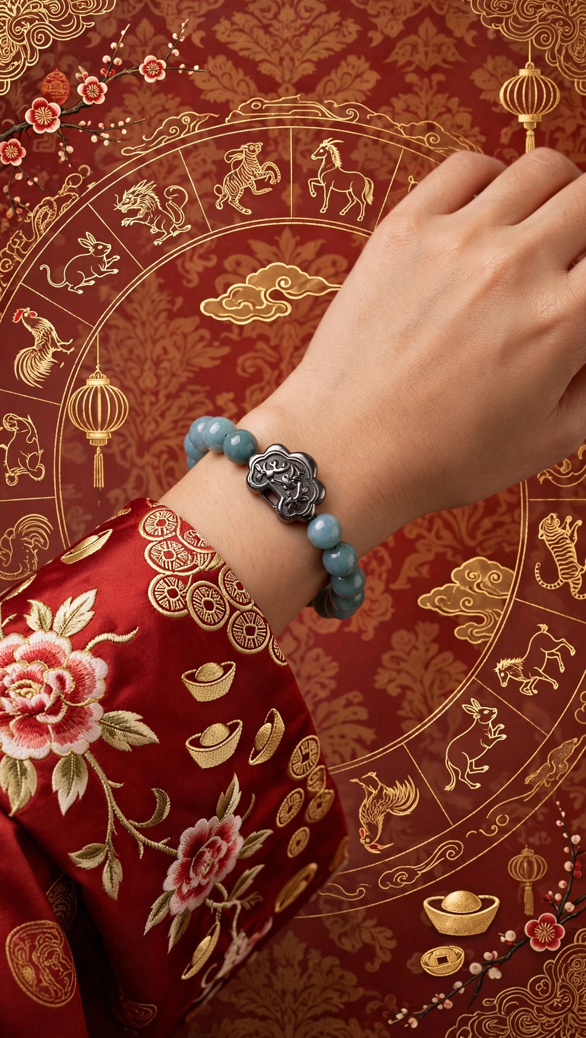 Sovereign Grace: Natural Blue Water Jade 10 mm Bracelet with Gunmetal Ruyi