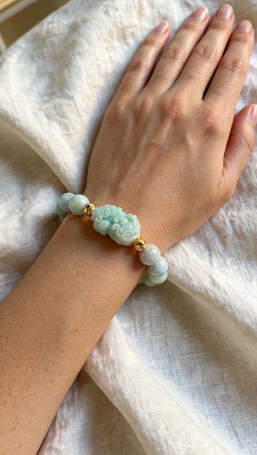 Burmese Jadeite & Pixiu Bracelet with 18K Gold Filled Beads