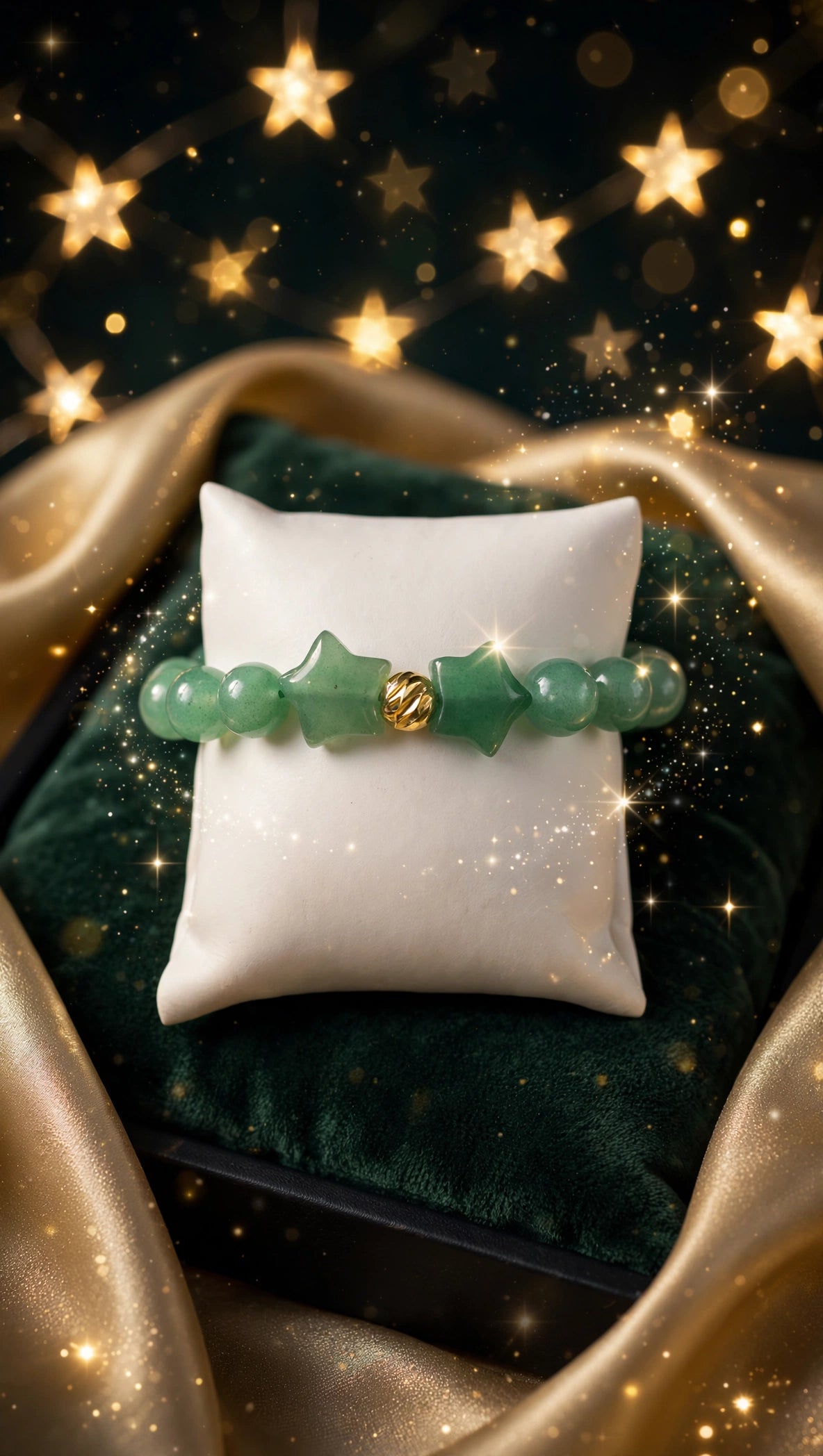 Green Aventurine Bracelet with Double Stars & 18K Gold Filled Bead.