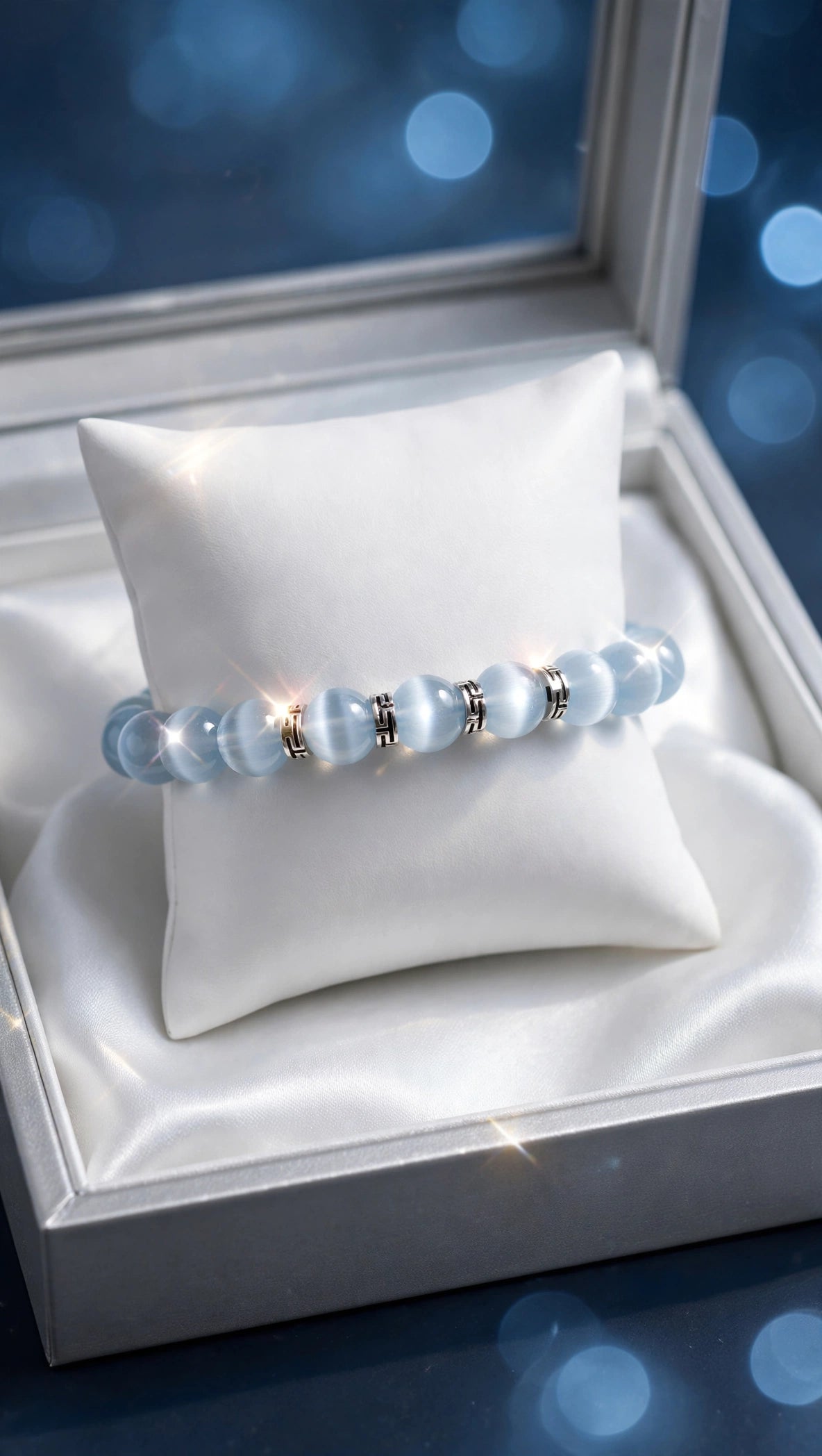 Light Blue Cat’s Eye Bracelet with Silver-Tone Accents
