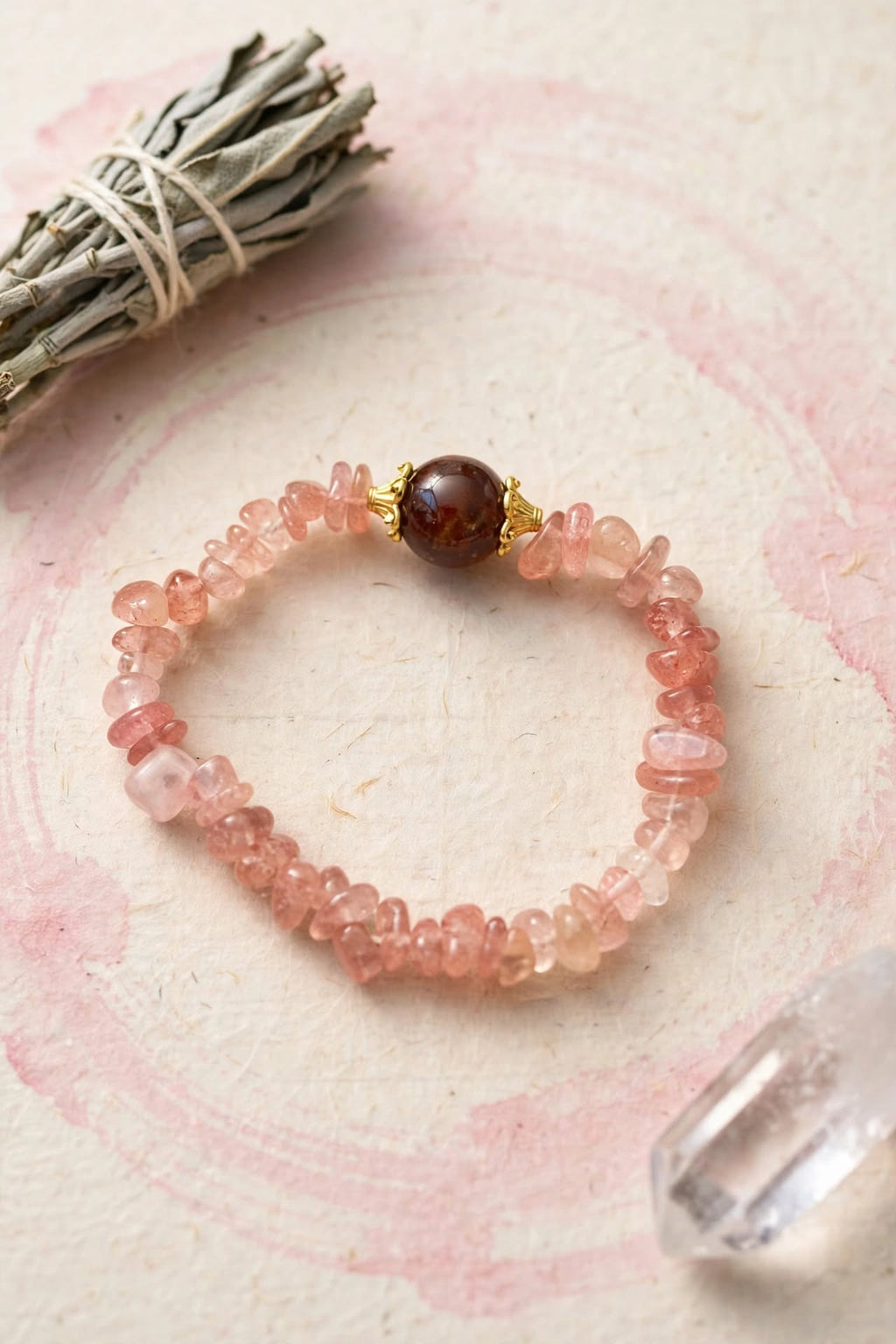 Natural Strawberry Quartz Chips & Fire Quartz Focal Bead Bracelet
