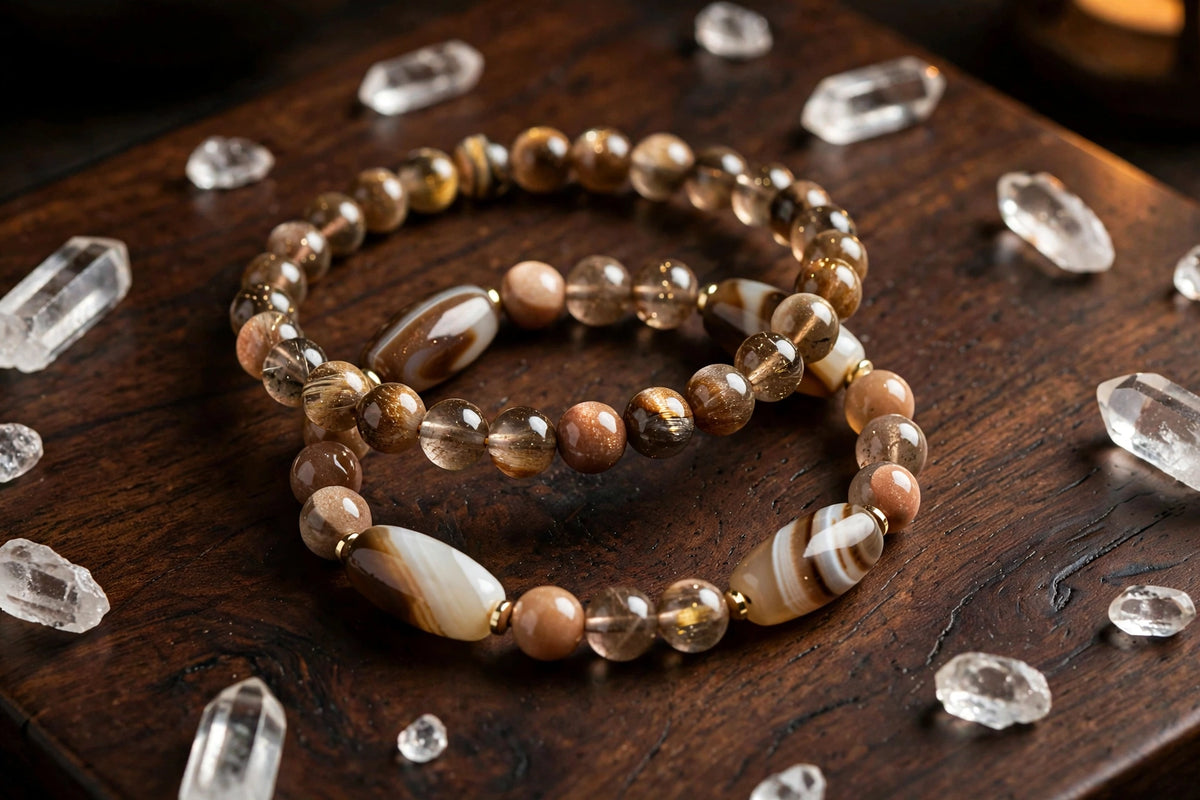 Black Gold Sunstone & Coffee Agate Stacked Bracelet Set