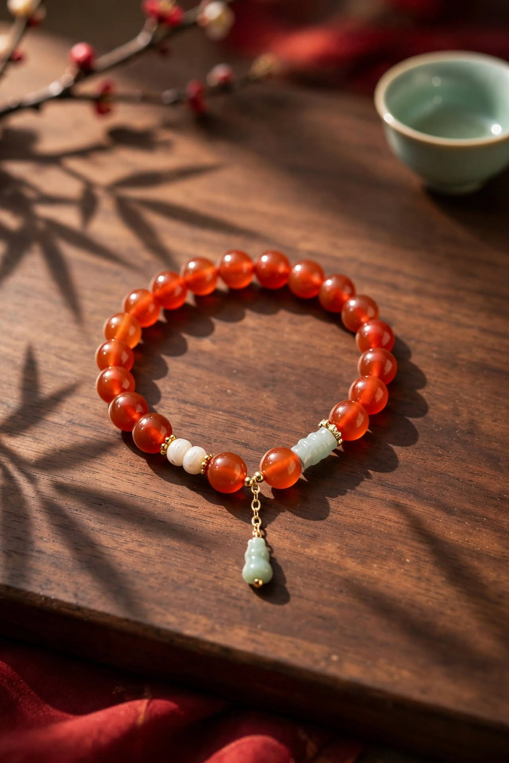 Natural Red Agate & Blue Water Jade Hulu Charm Bracelet