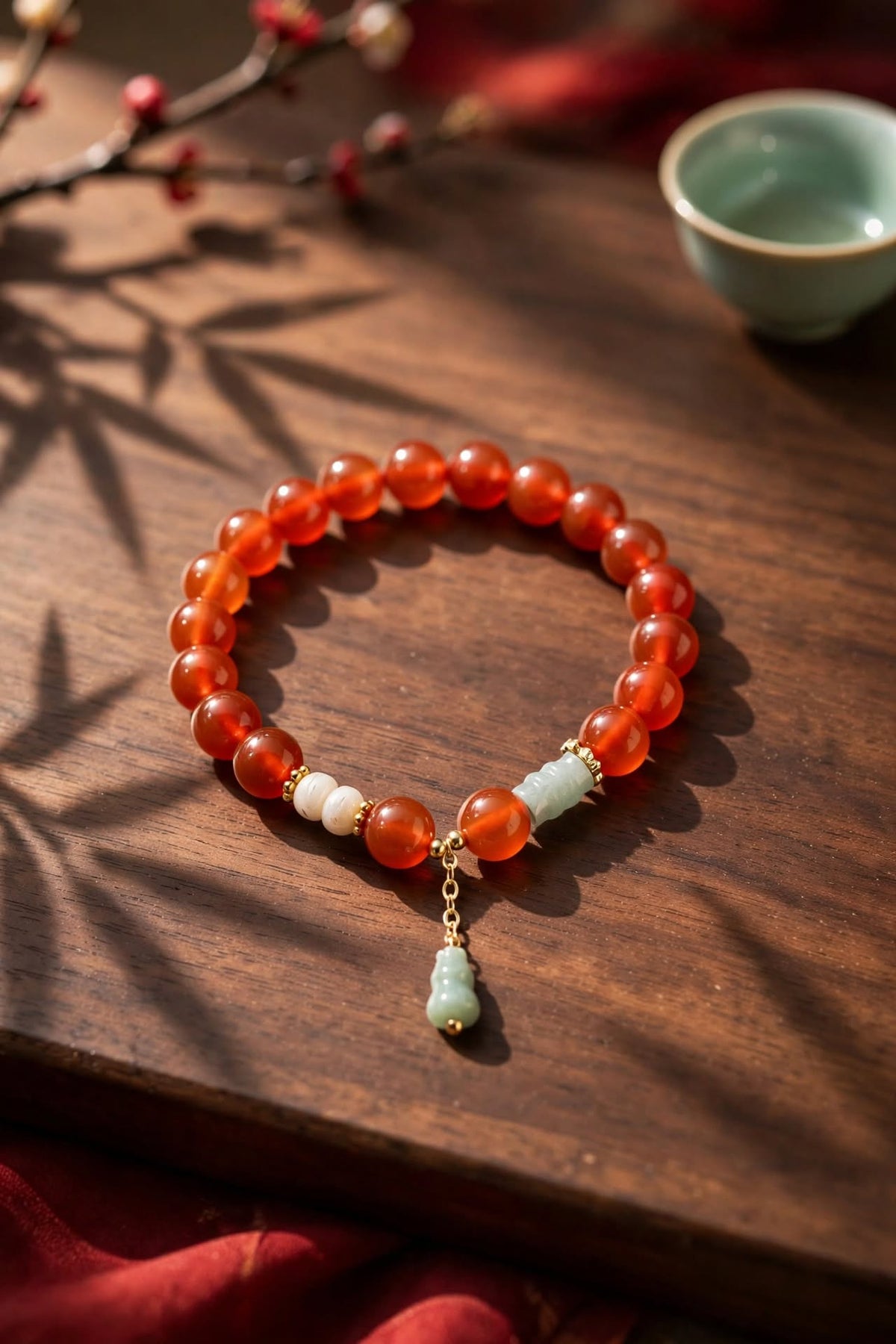 Natural Red Agate & Blue Water Jade Hulu Charm Bracelet