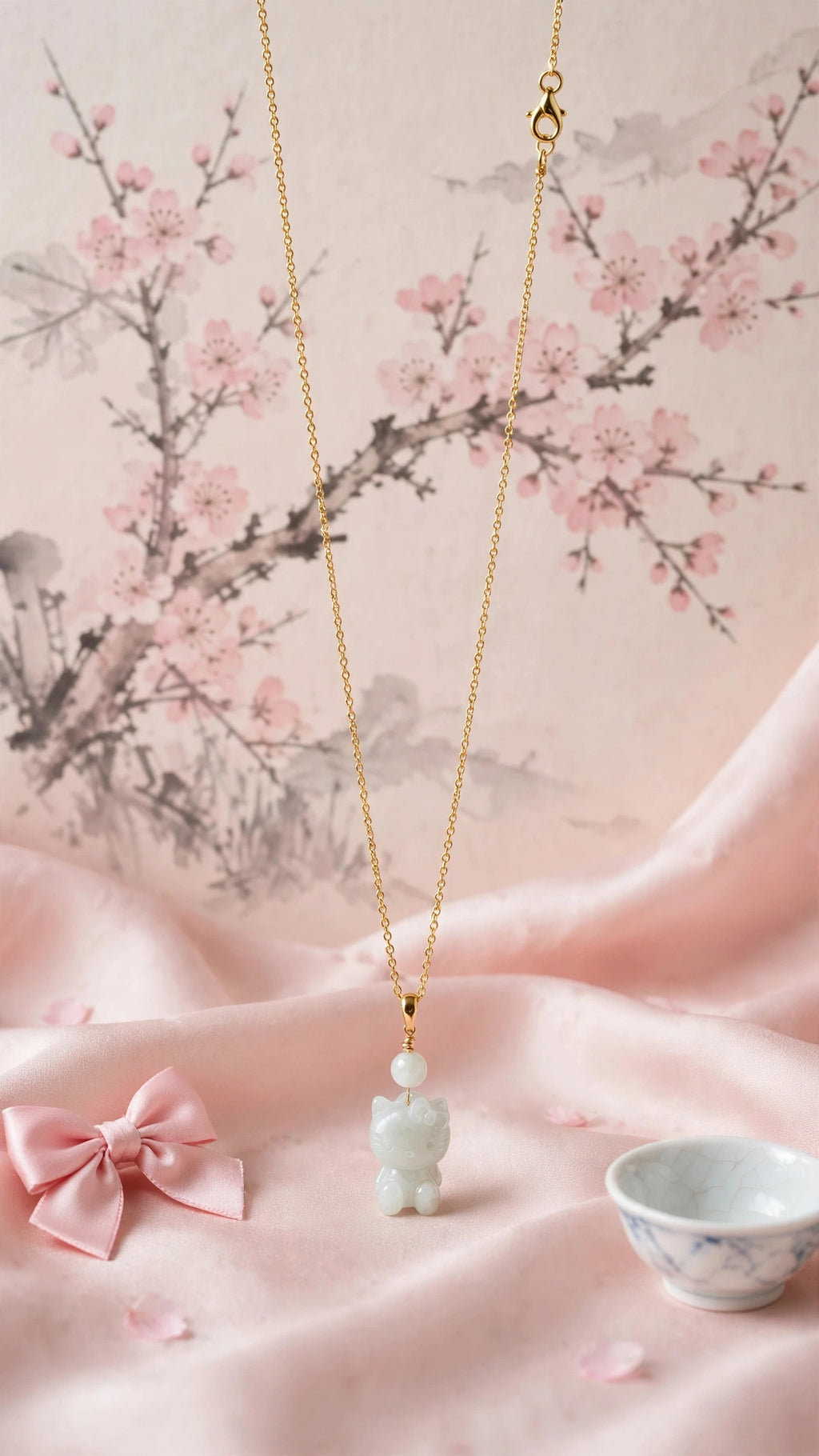 Playful Elegance: Natural Burmese Jadeite Hello Kitty Necklace
