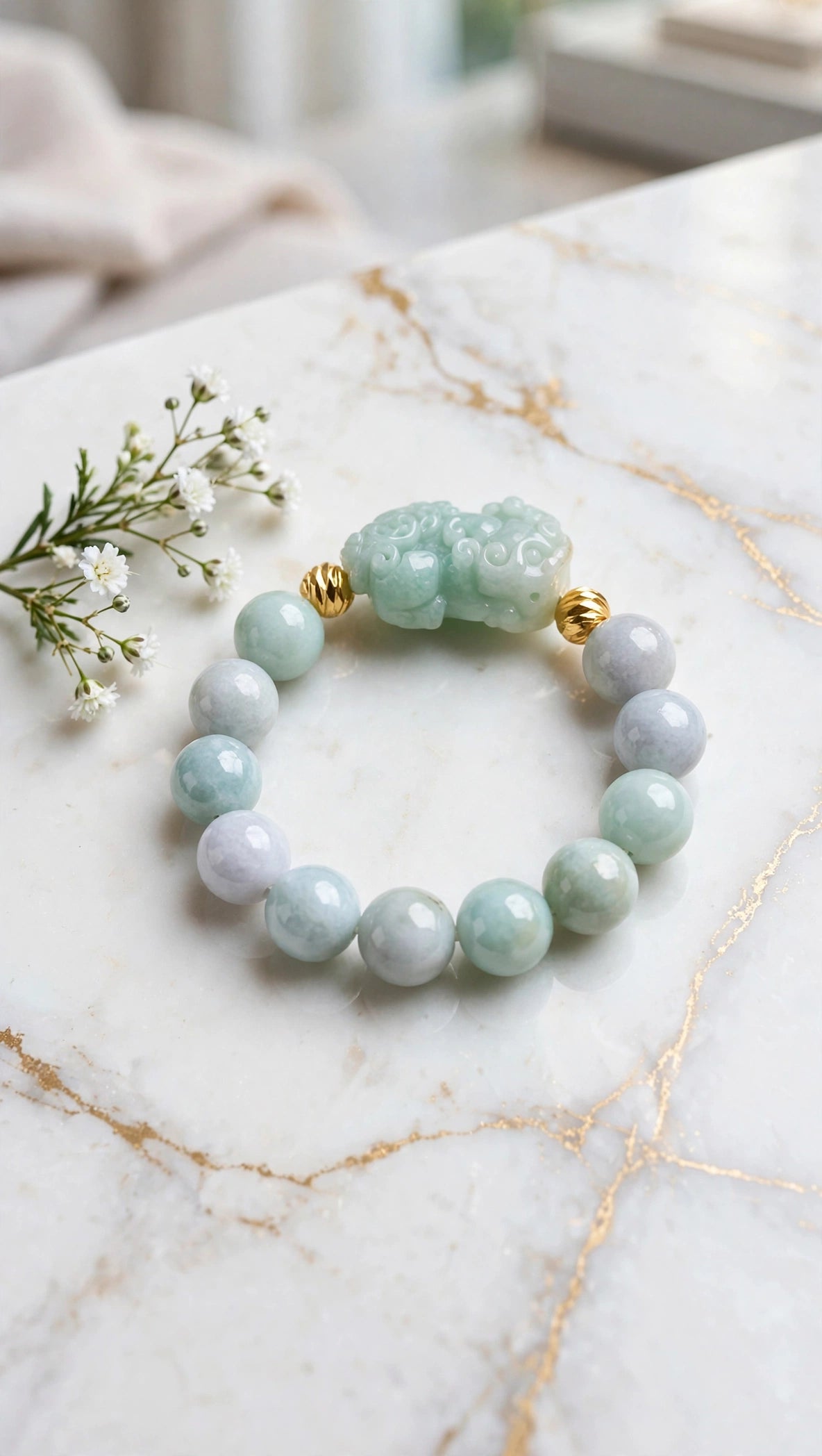 Burmese Jadeite & Pixiu Bracelet with 18K Gold Filled Beads