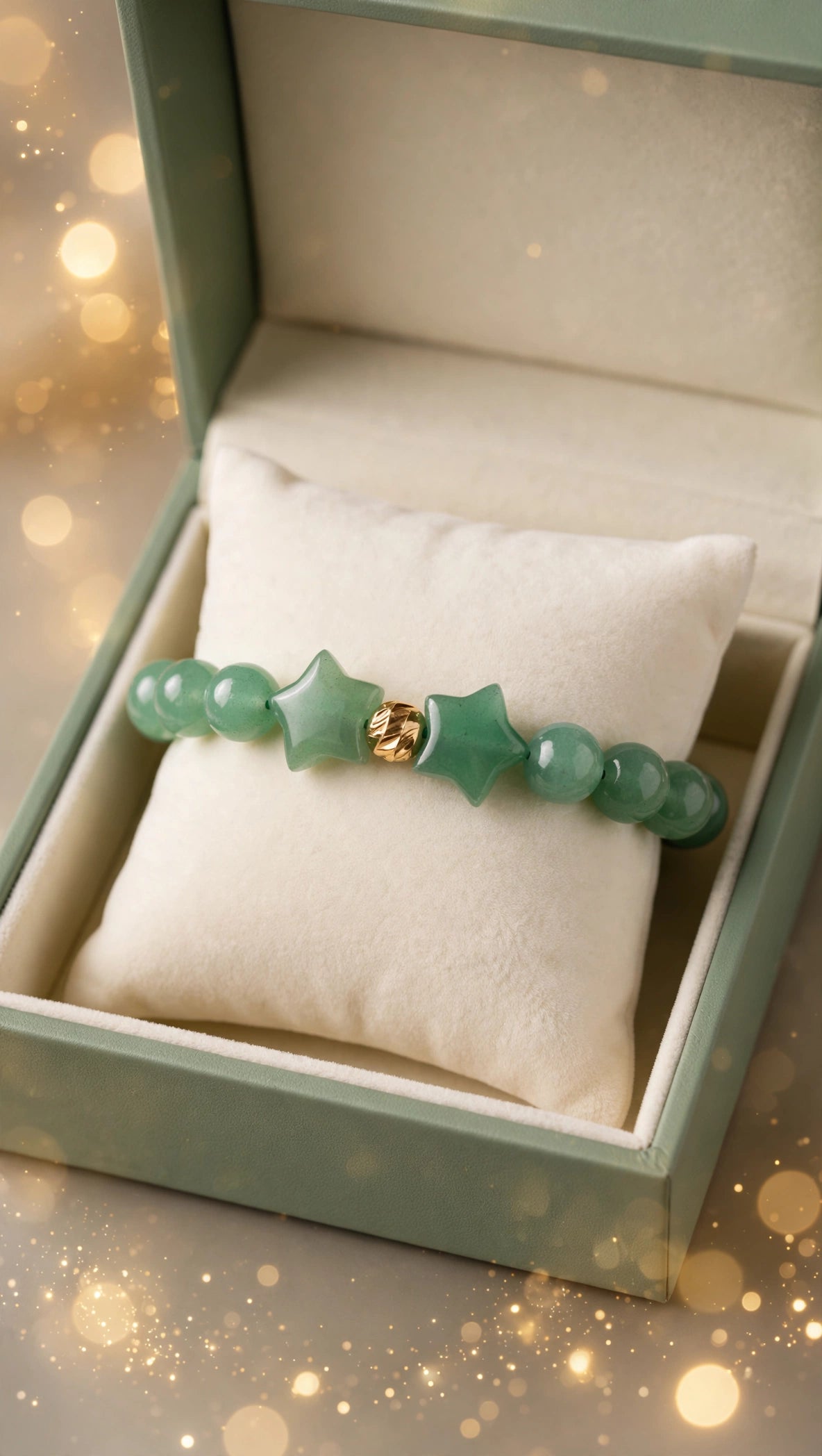 Green Aventurine Bracelet with Double Stars & 18K Gold Filled Bead.