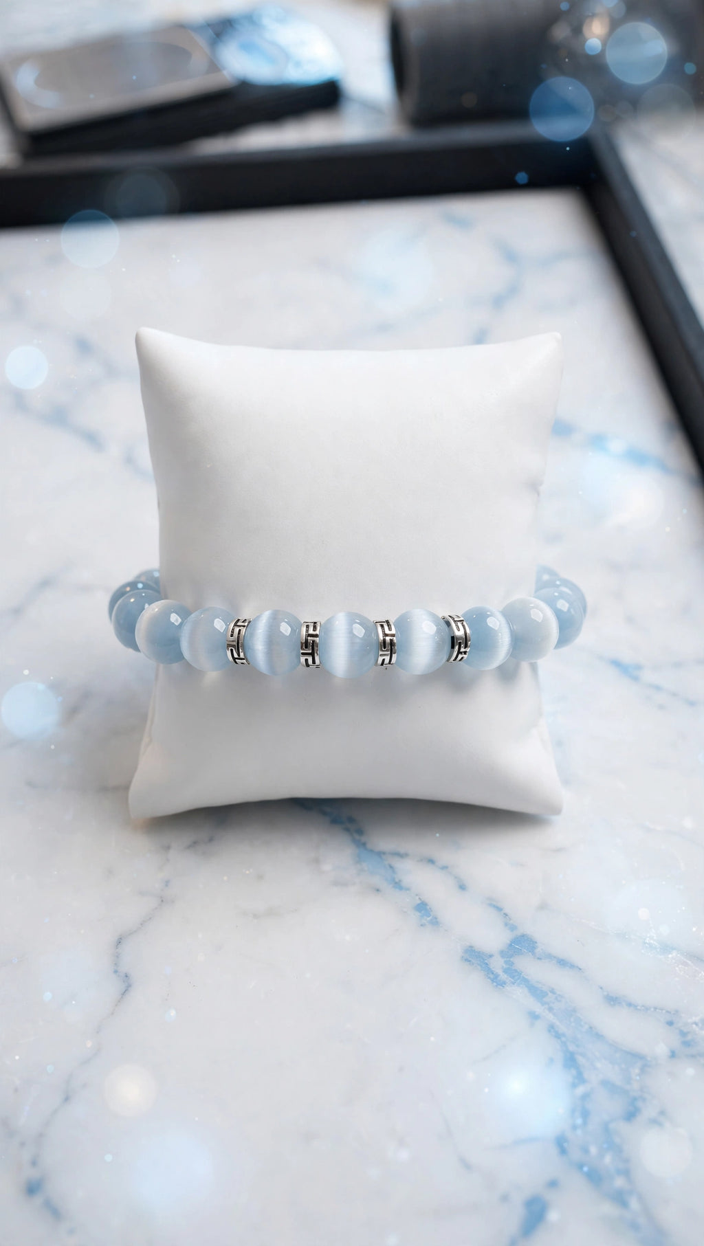 Light Blue Cat’s Eye Bracelet with Silver-Tone Accents