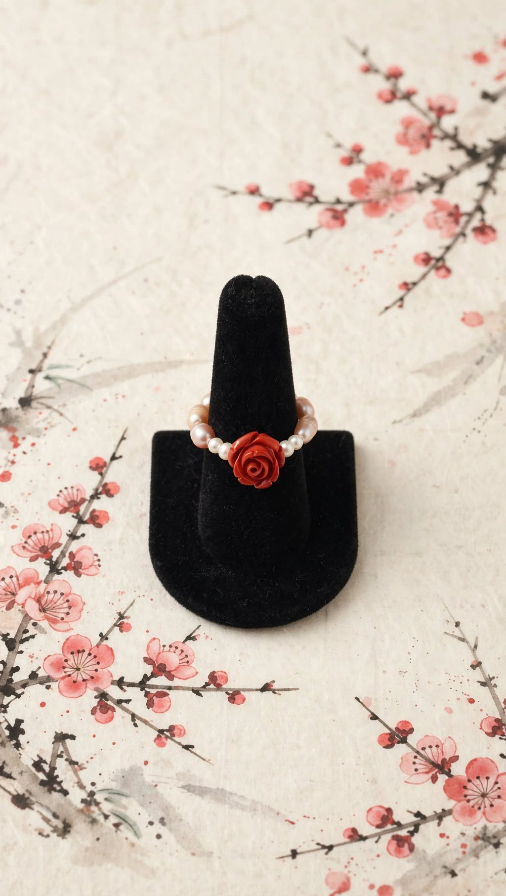 Freshwater Pearl & Cinnabar Rose Beaded Ring