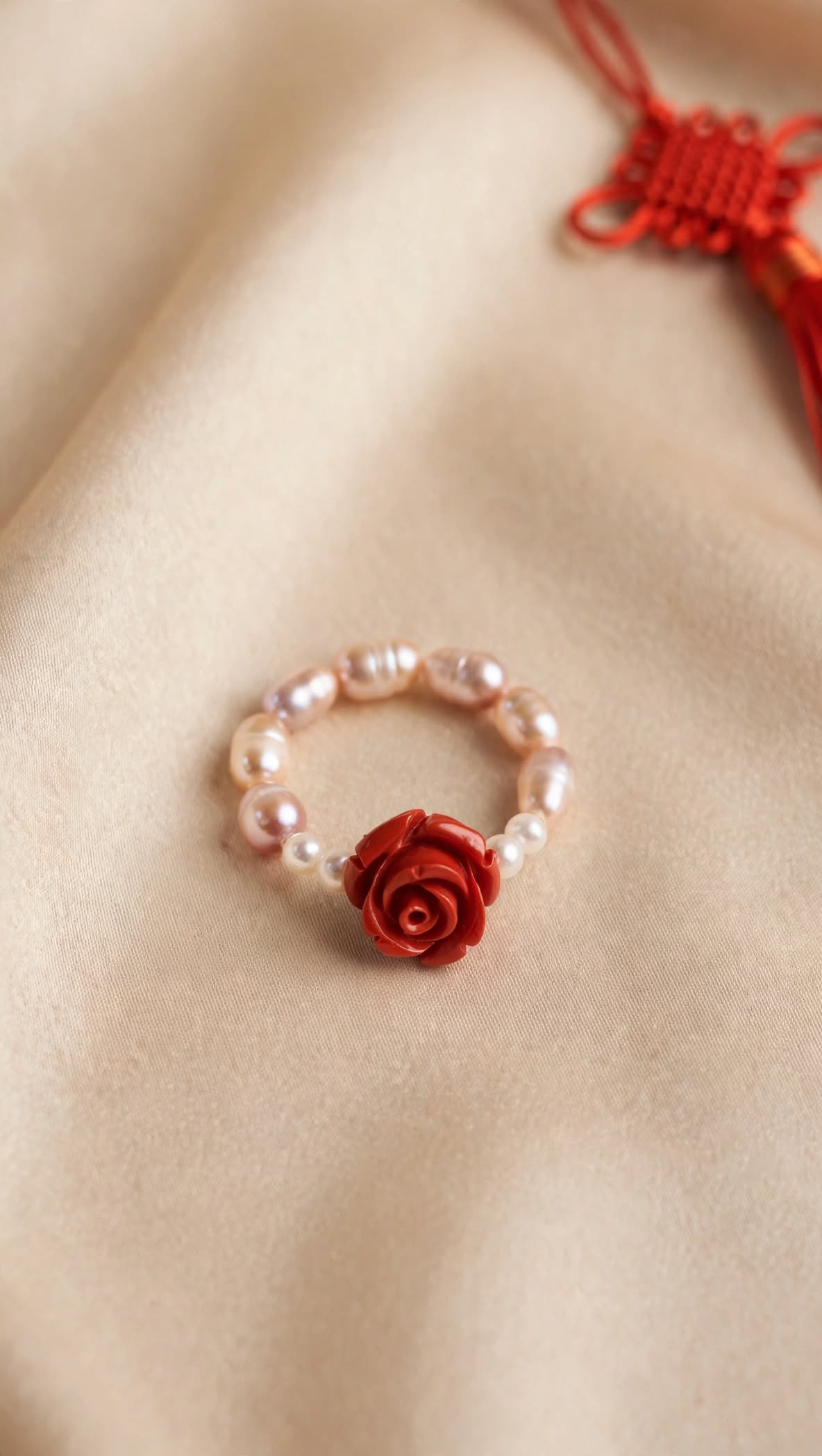 Freshwater Pearl & Cinnabar Rose Beaded Ring