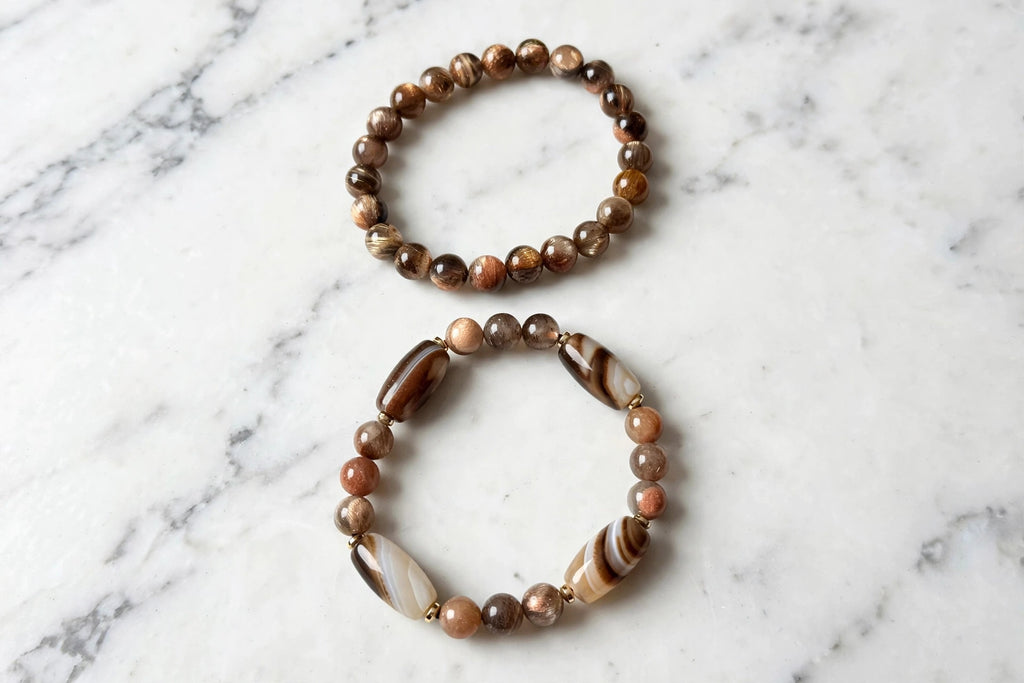 Black Gold Sunstone & Coffee Agate Stacked Bracelet Set