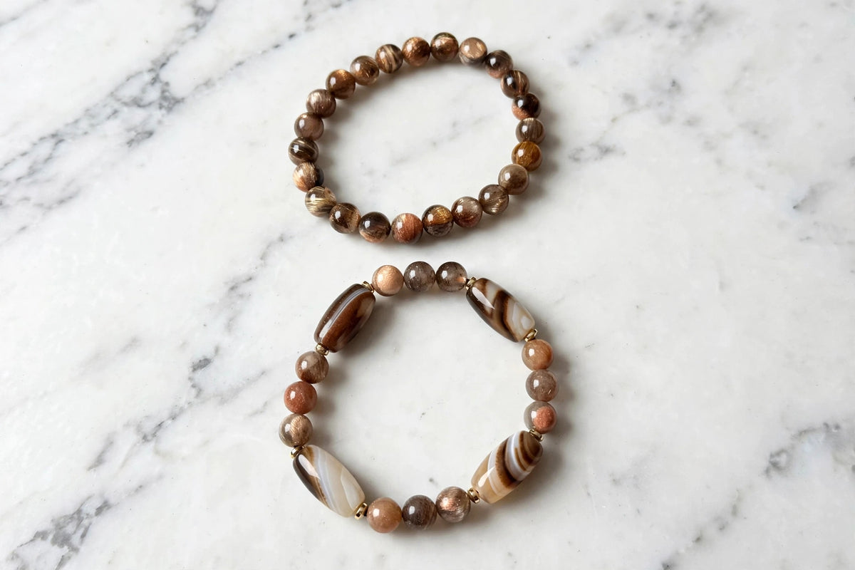 Black Gold Sunstone & Coffee Agate Stacked Bracelet Set