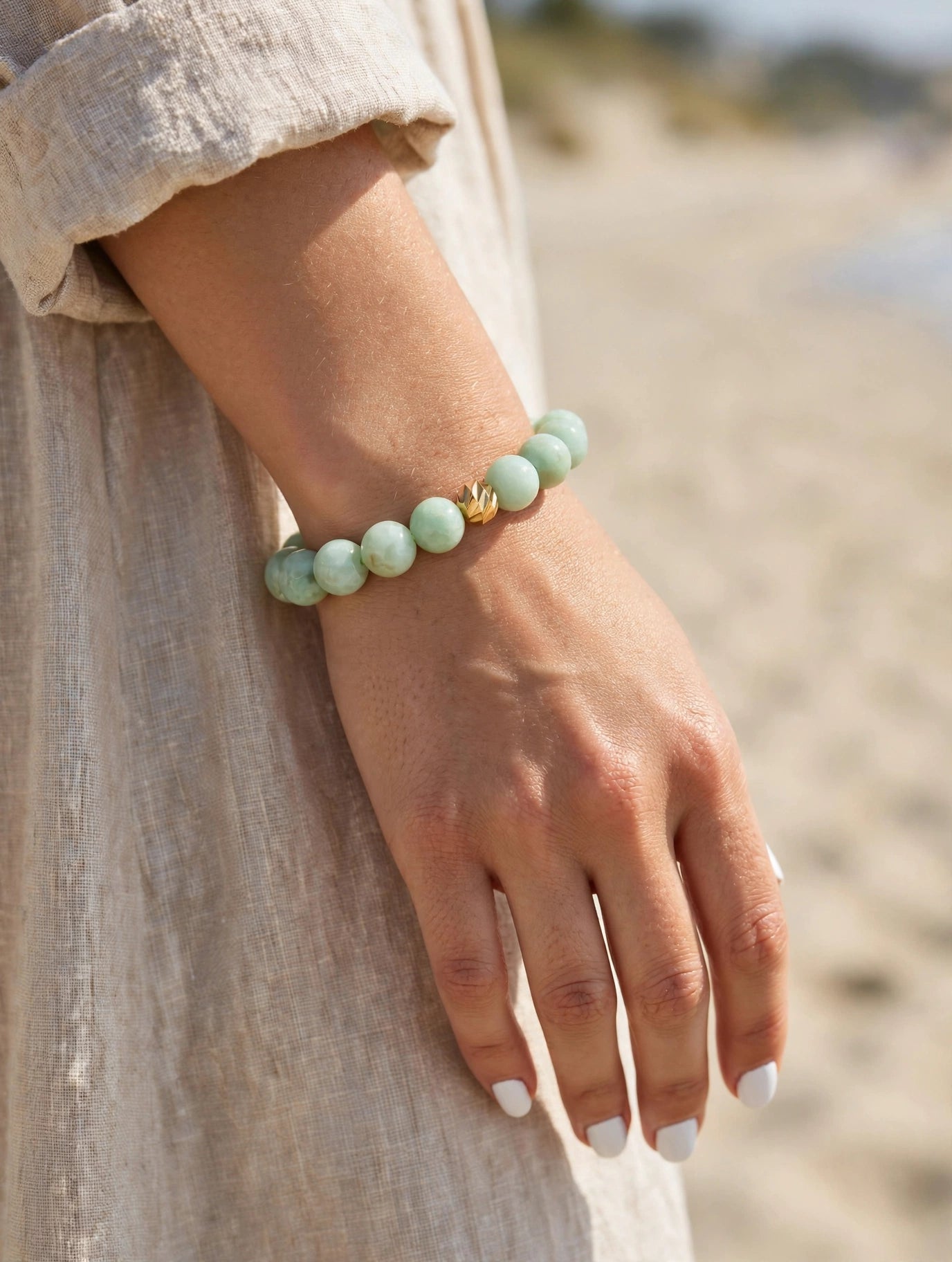 Refined Abundance: Apple Green Jade & Gold Accent Bracelet