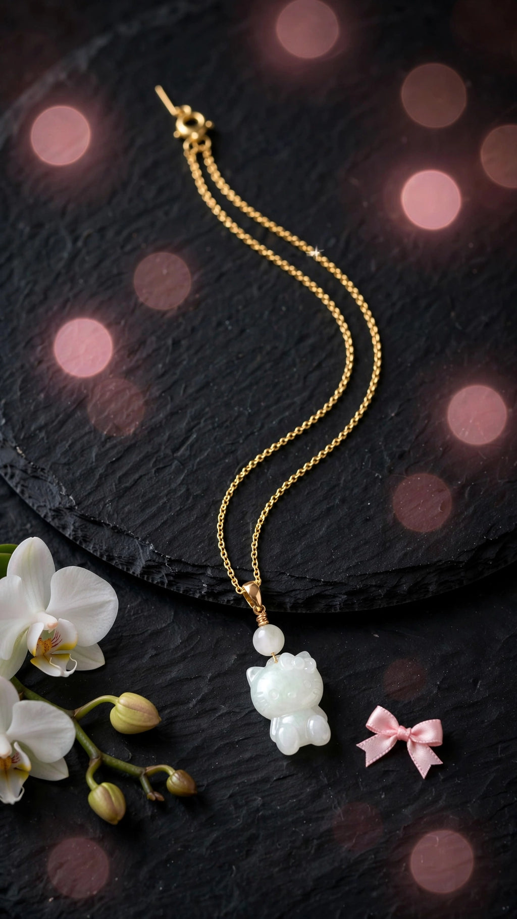 Playful Elegance: Natural Burmese Jadeite Hello Kitty Necklace