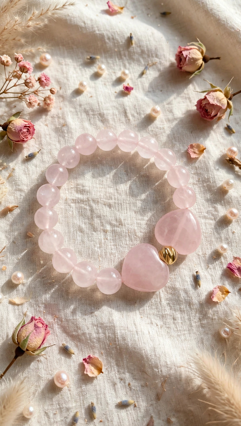 Rose Quartz Bracelet with Double Charms & 18K Gold Accent