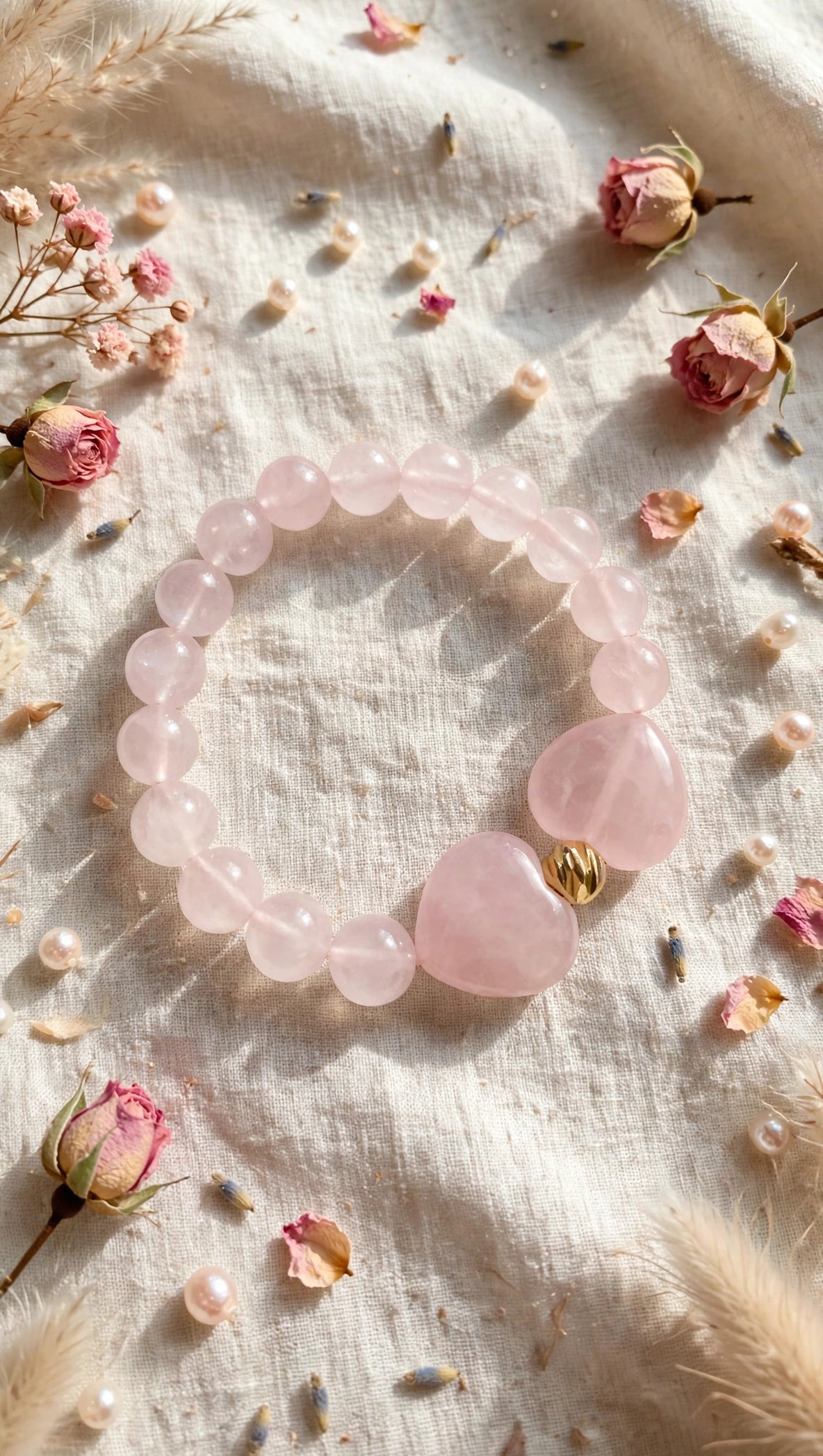 Rose Quartz Bracelet with Double Charms & 18K Gold Accent