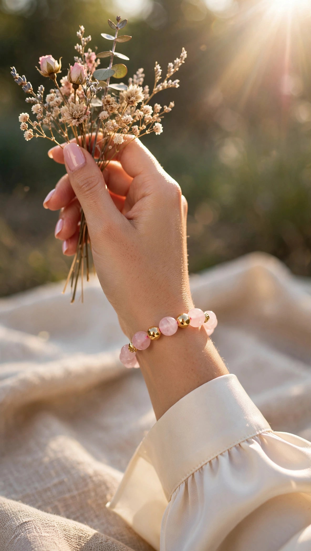 Rose Quartz Bracelet with Four 18K Gold Filled Beads