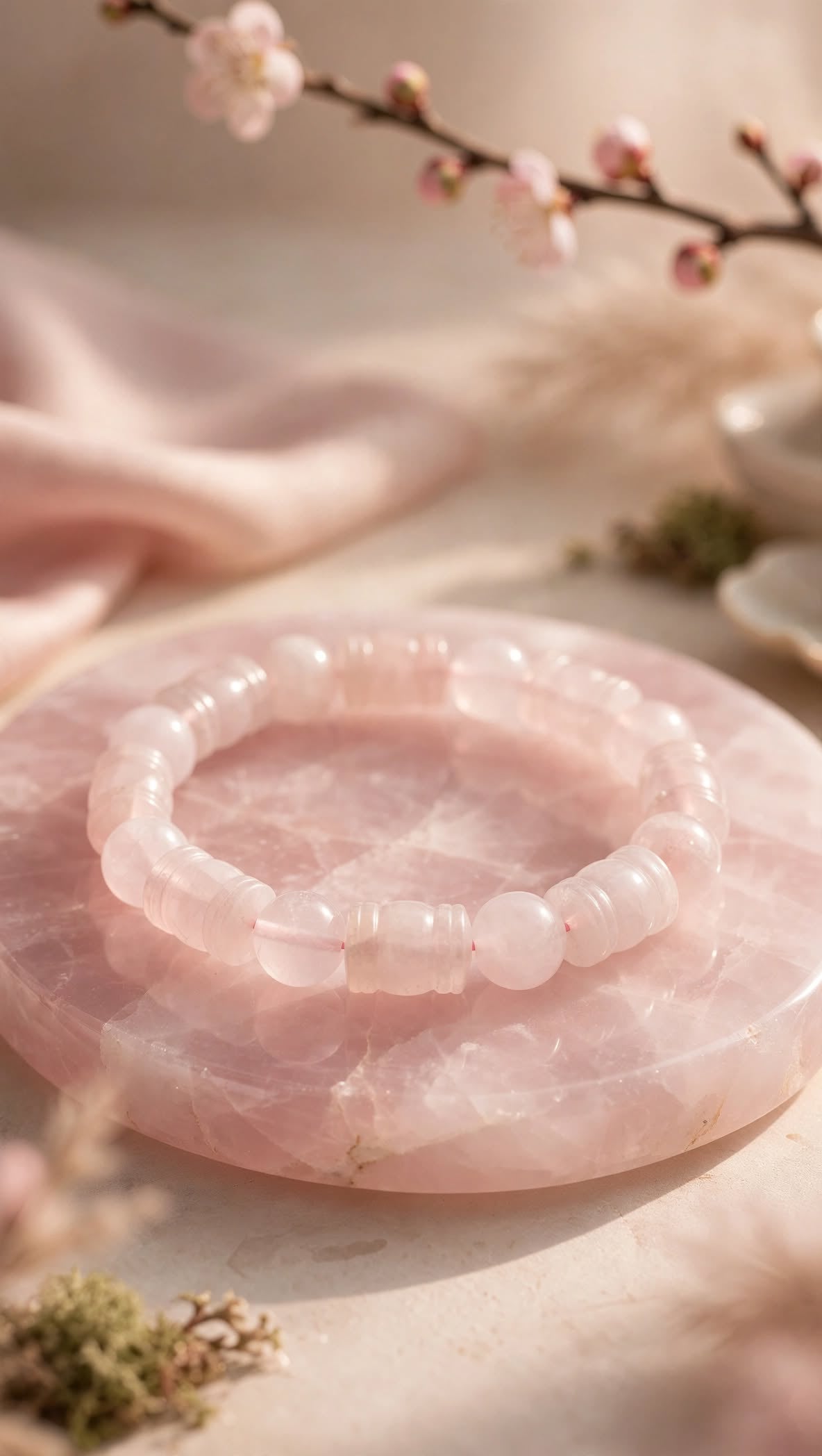 Natural Rose Quartz Lantern & Bead Bracelet