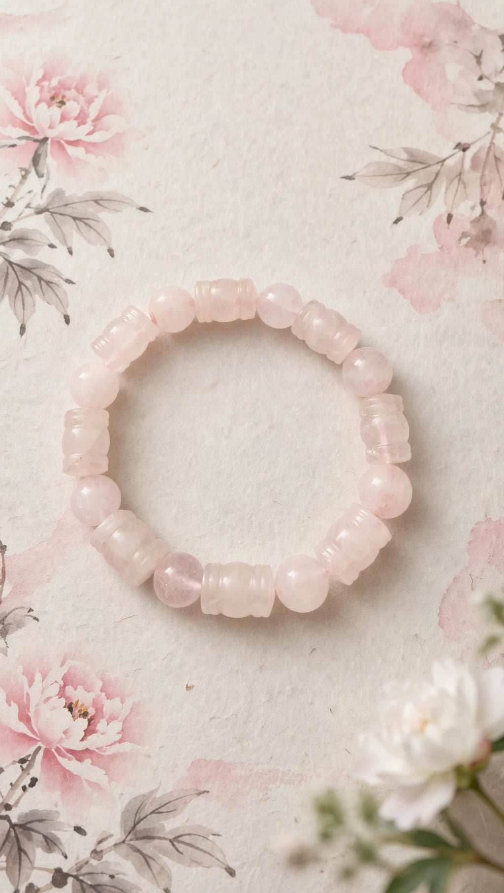Natural Rose Quartz Lantern & Bead Bracelet