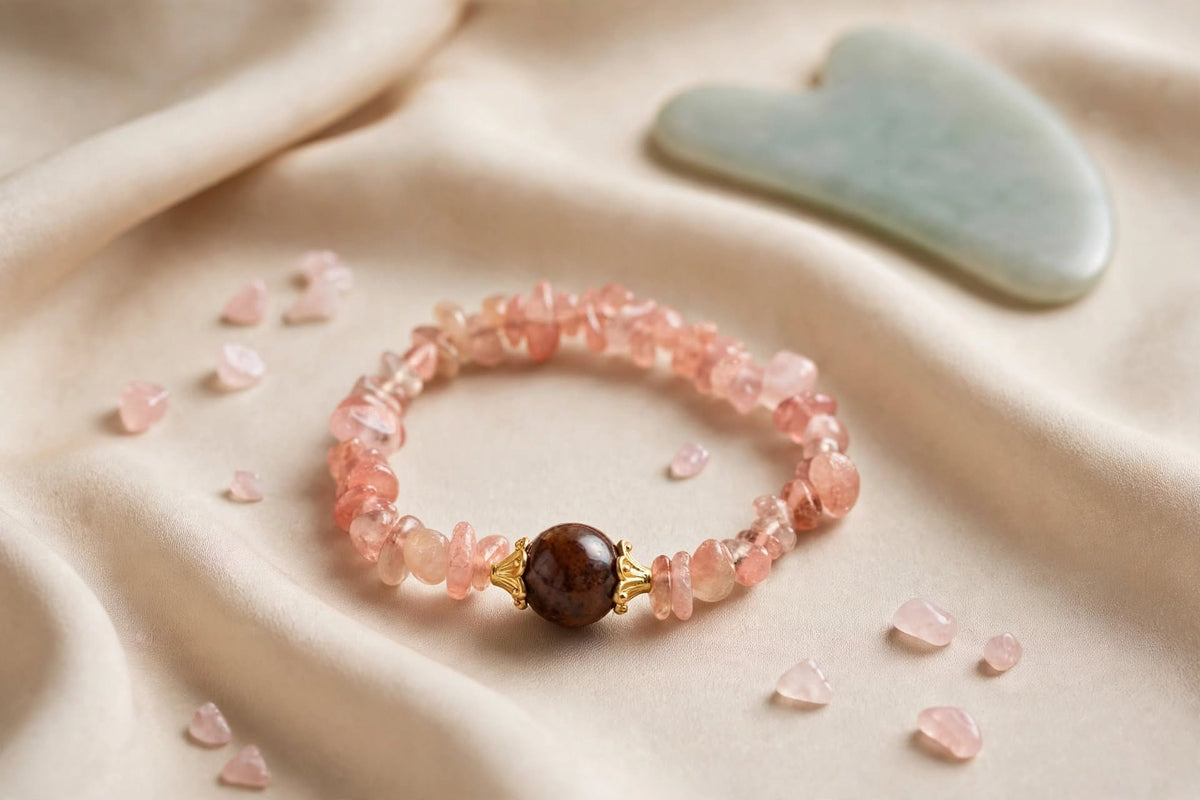 Natural Strawberry Quartz Chips & Fire Quartz Focal Bead Bracelet