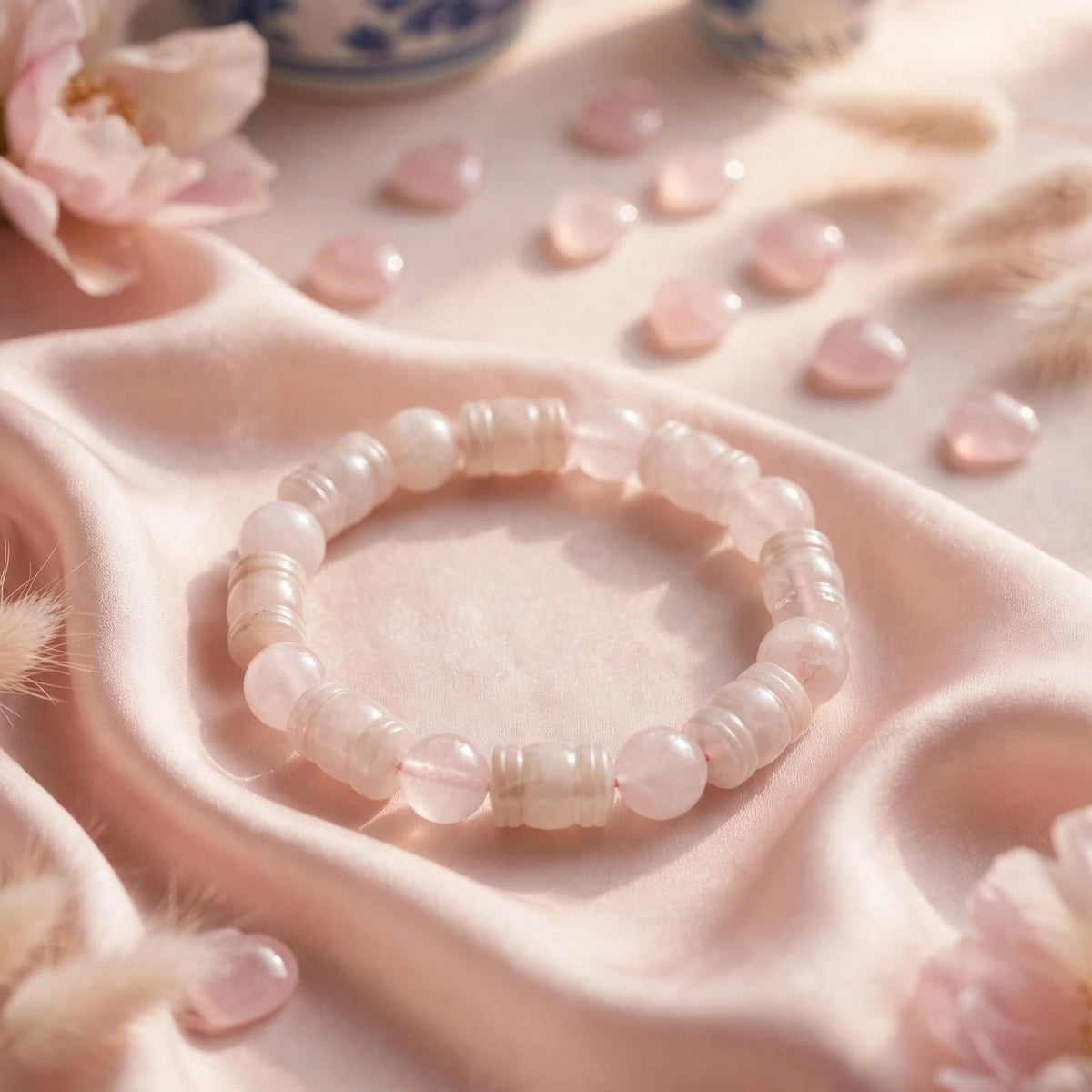 Natural Rose Quartz Lantern & Bead Bracelet