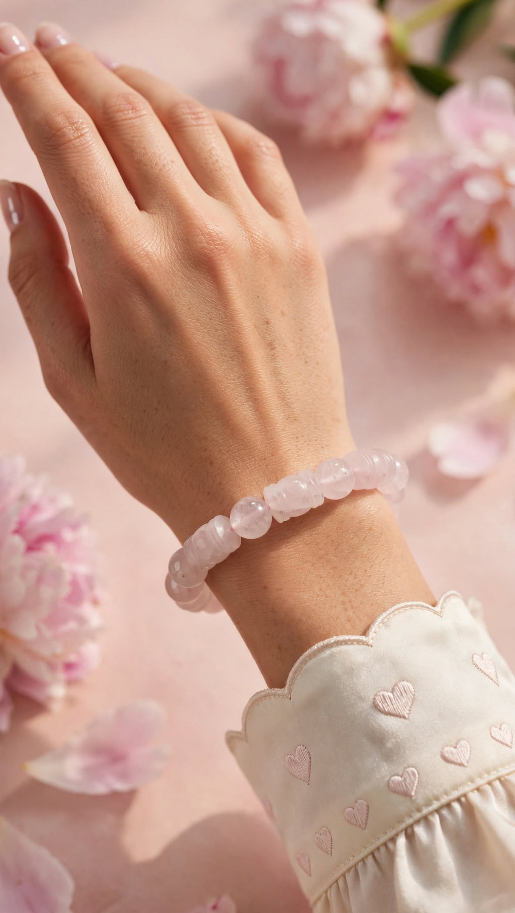 Natural Rose Quartz Lantern & Bead Bracelet