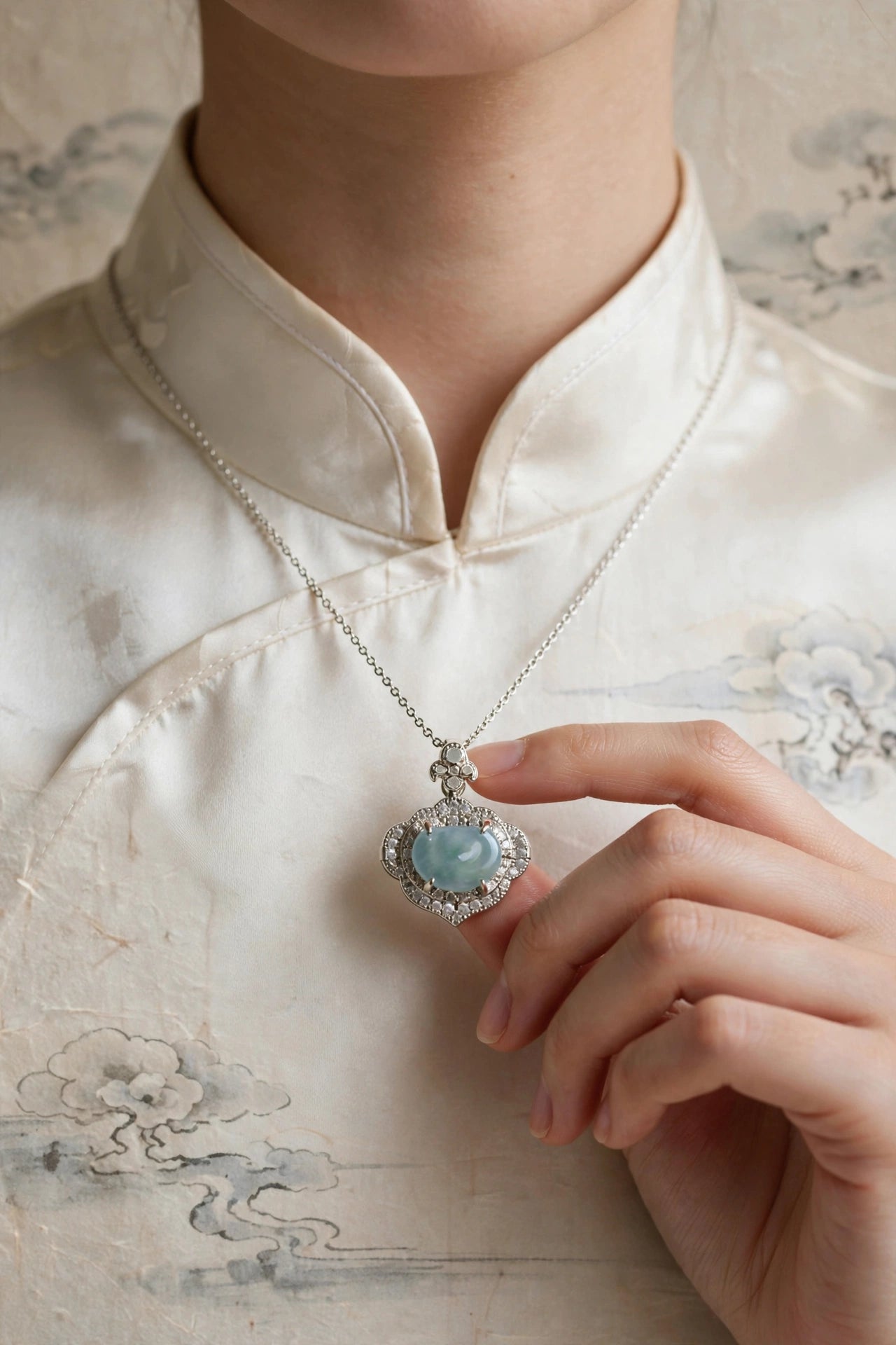 Blue Water Jade Ruyi Pendant Necklace in Silver & CZ