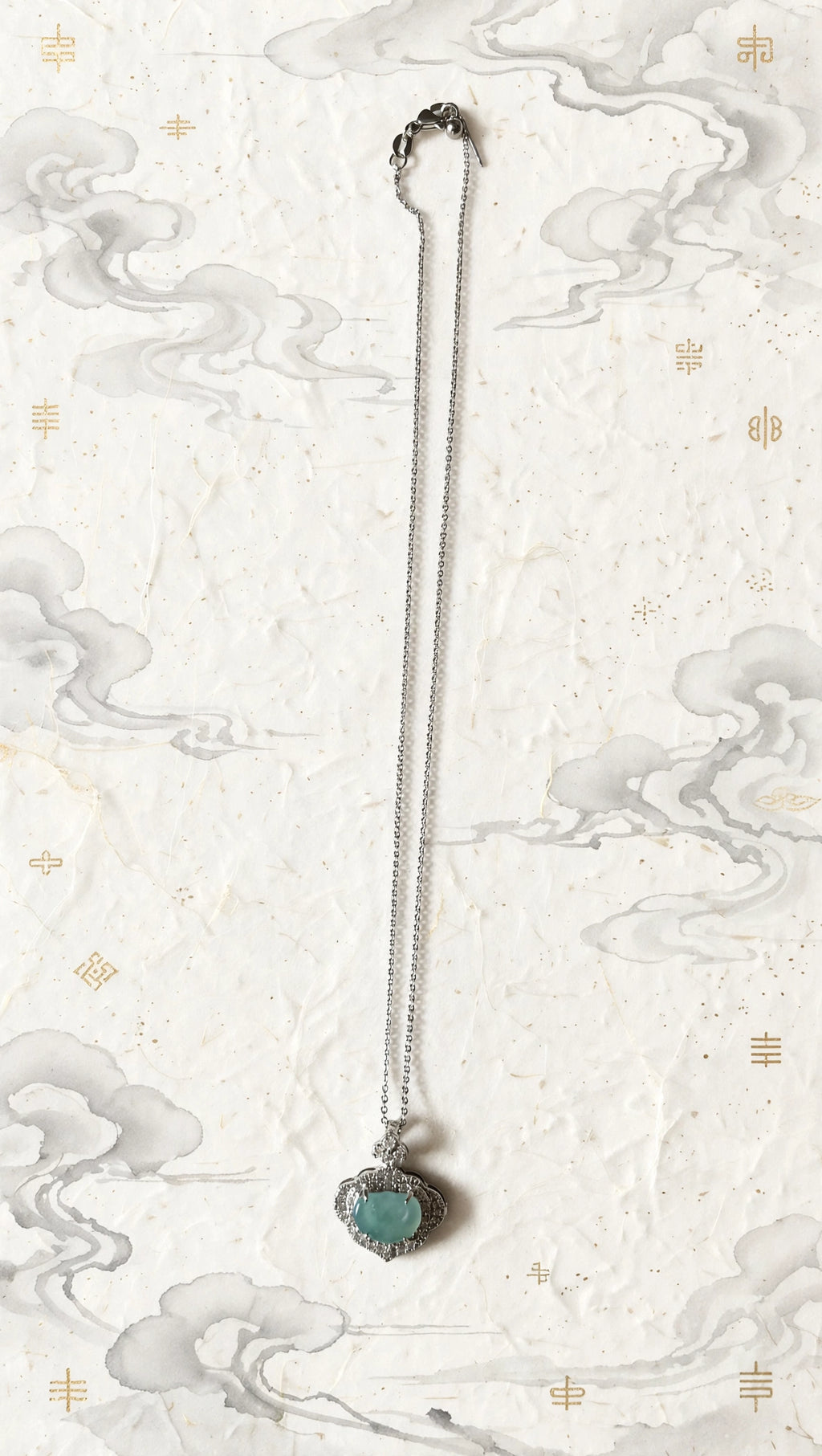 Blue Water Jade Ruyi Pendant Necklace in Silver & CZ