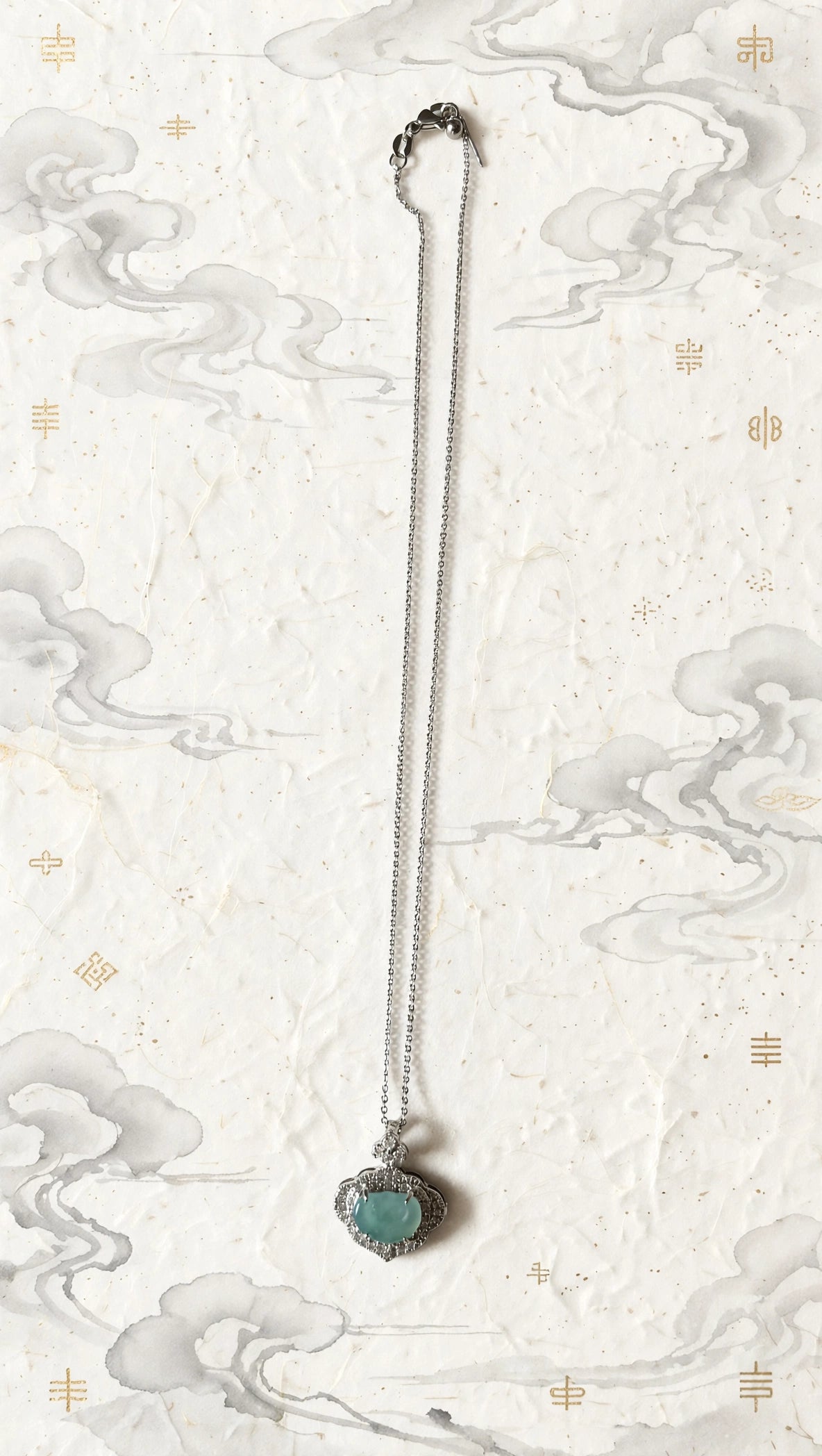 Blue Water Jade Ruyi Pendant Necklace in Silver & CZ