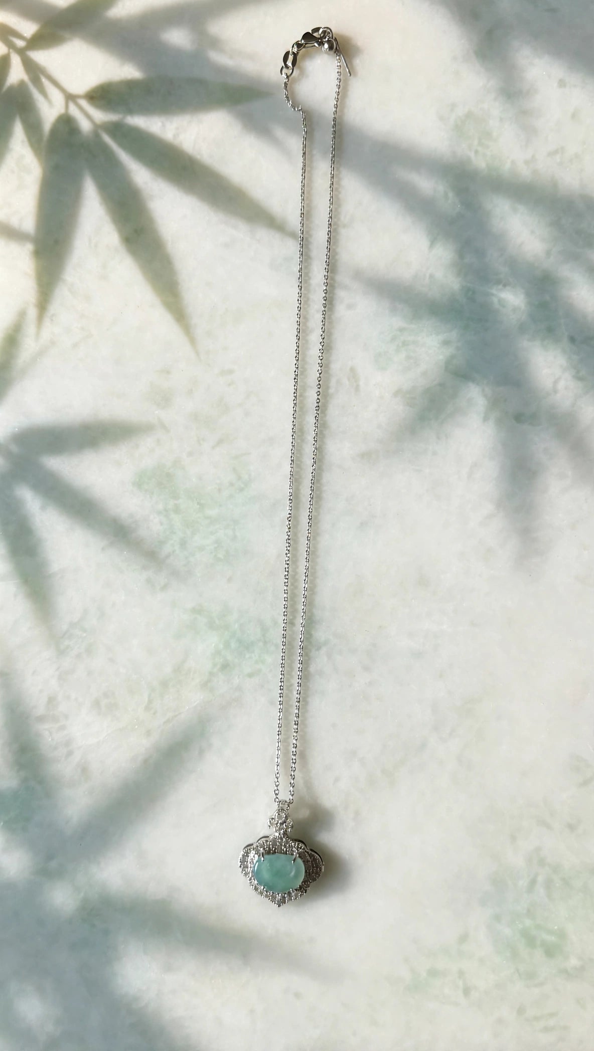Blue Water Jade Ruyi Pendant Necklace in Silver & CZ