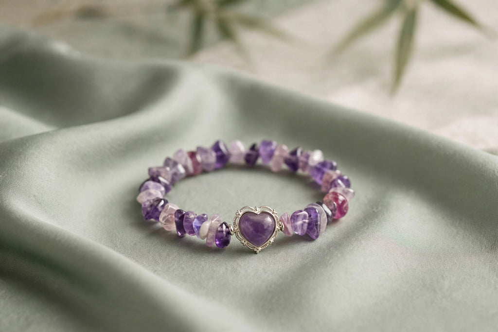 Natural Amethyst Chips Bracelet with Framed Amethyst Heart