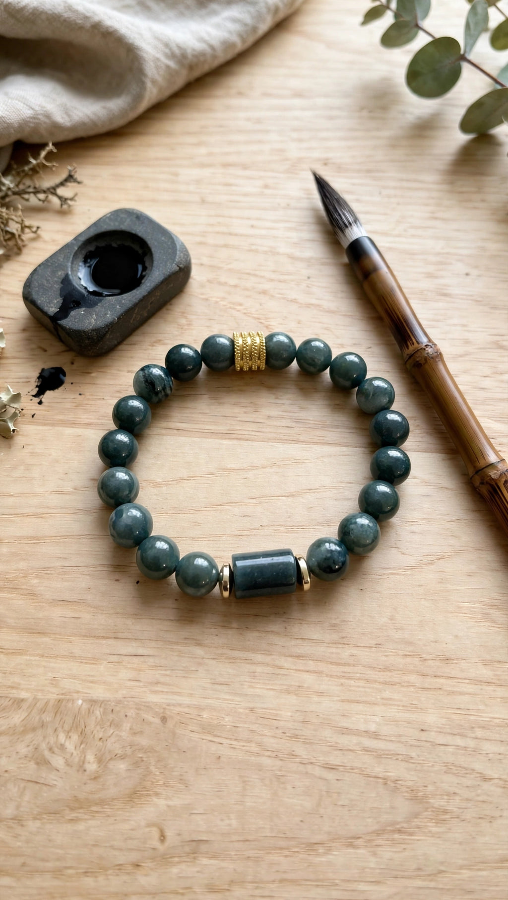 Blue Water Jade Barrel & Gold Accent Bracelet