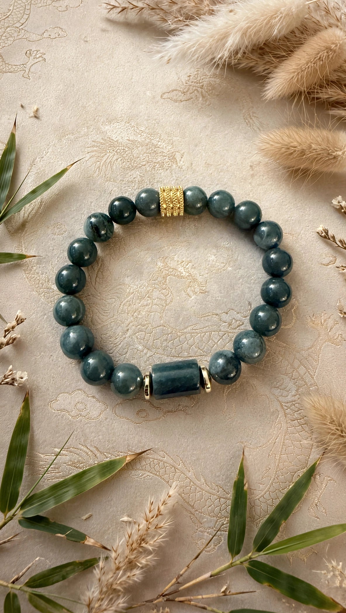 Blue Water Jade Barrel & Gold Accent Bracelet