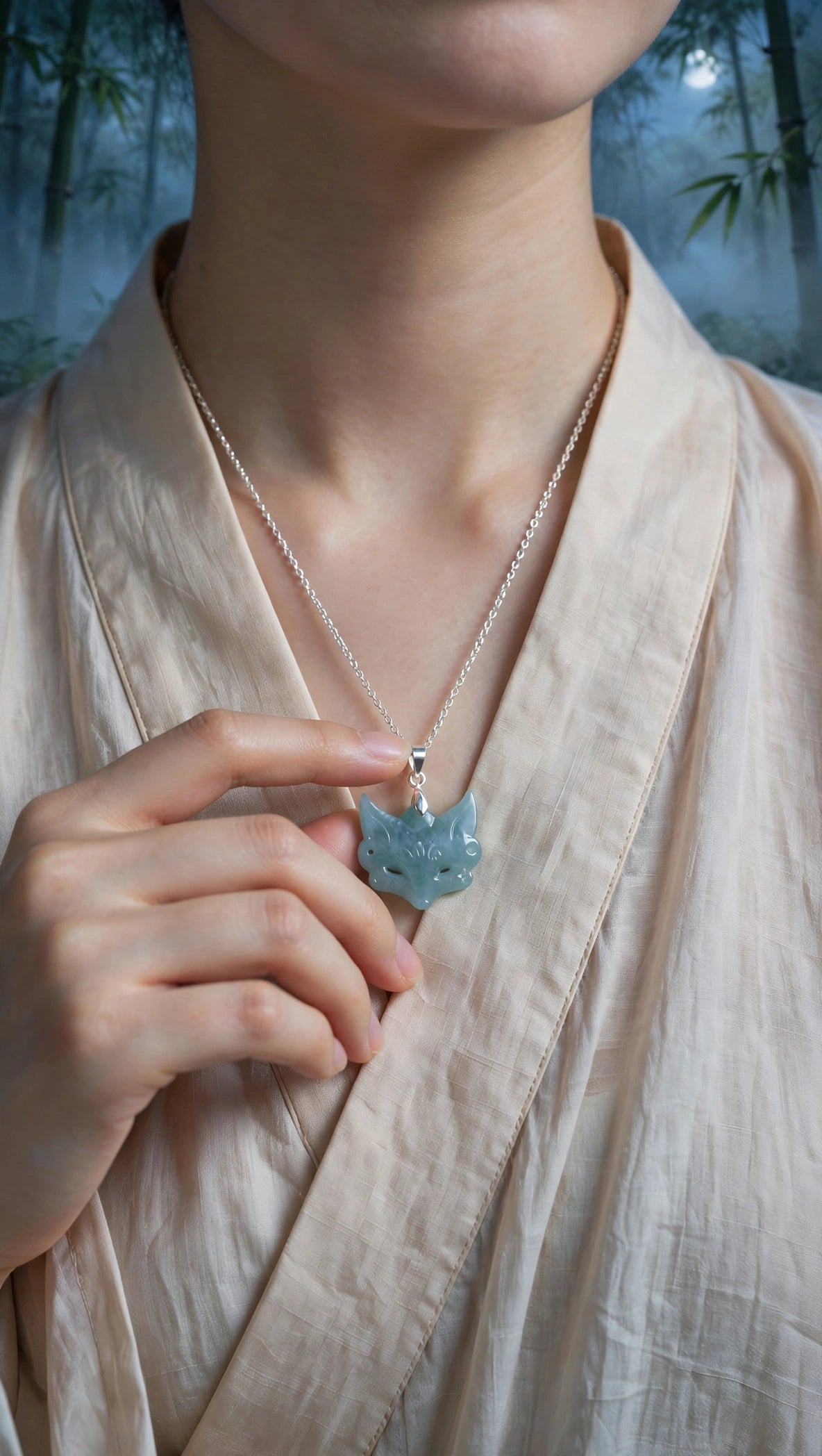 Icey Blue Water Jade Fox Pendant Necklace